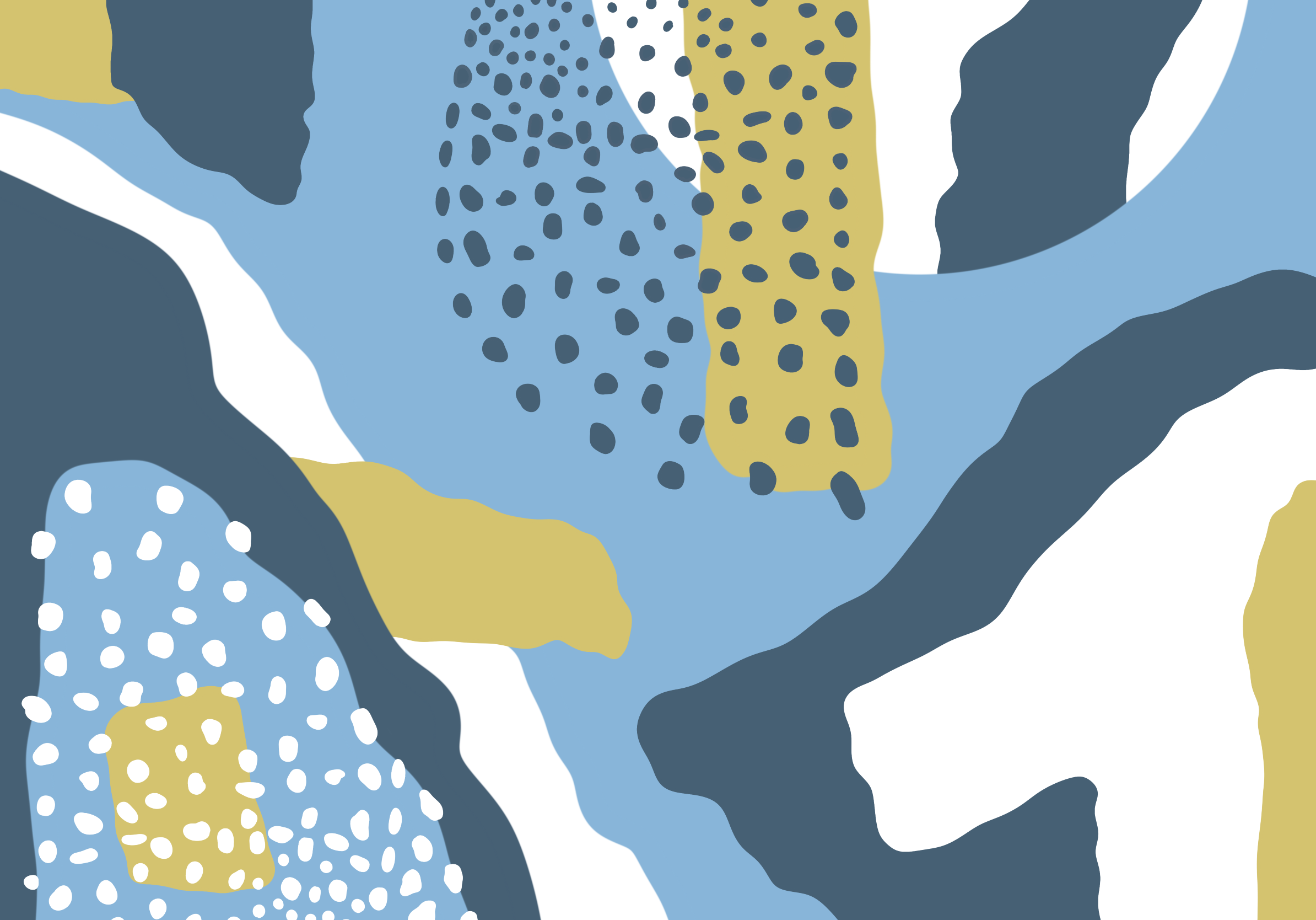 Abstract pattern with various irregular shapes and dotted textures in shades of blue, white, black, and gold.