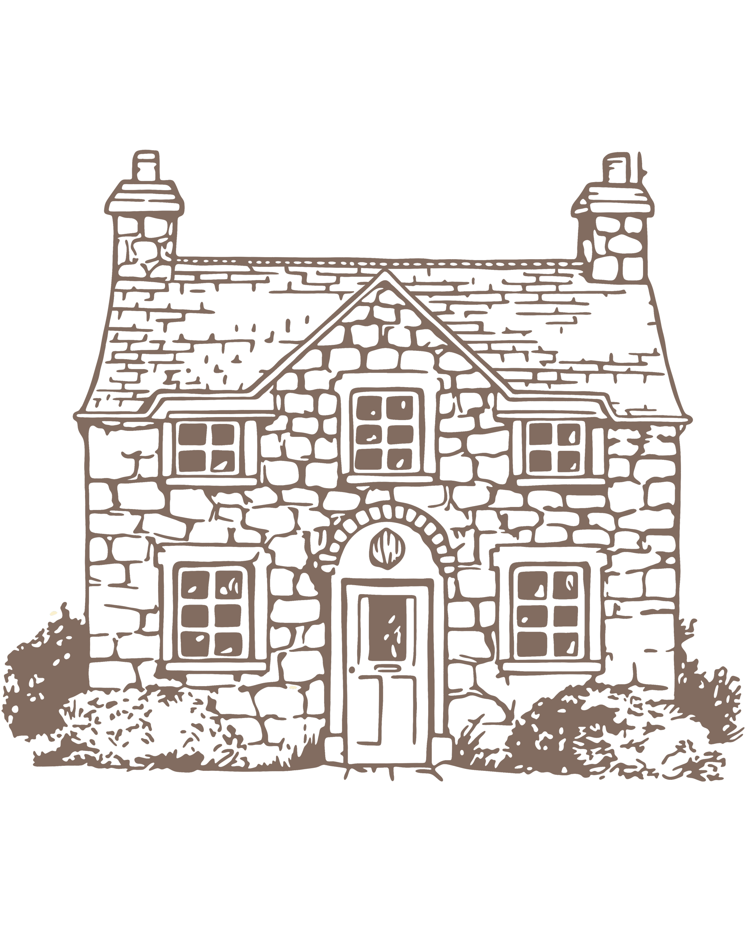 Illustration of a stone house with a gabled roof, two chimneys, and surrounded by bushes.