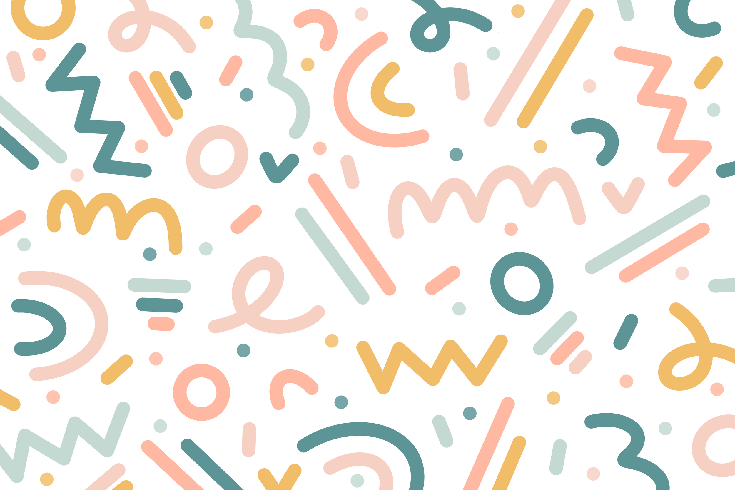 Abstract pattern of squiggly lines, circles, and zigzags in pastel colors like pink, teal, mustard yellow, and light green on a white background.