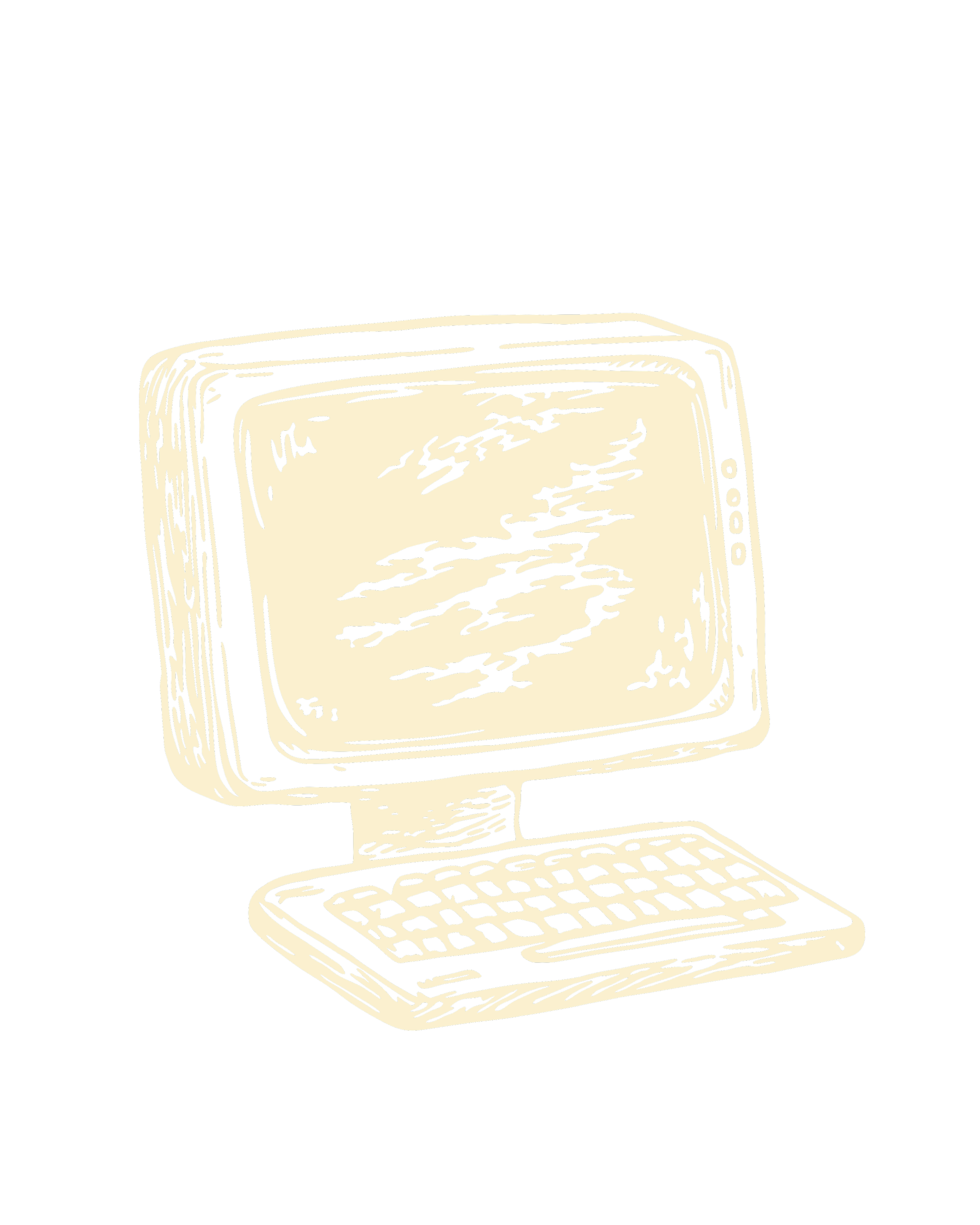 A vintage sketch of an old-fashioned computer with a monitor and keyboard, set against a black background.