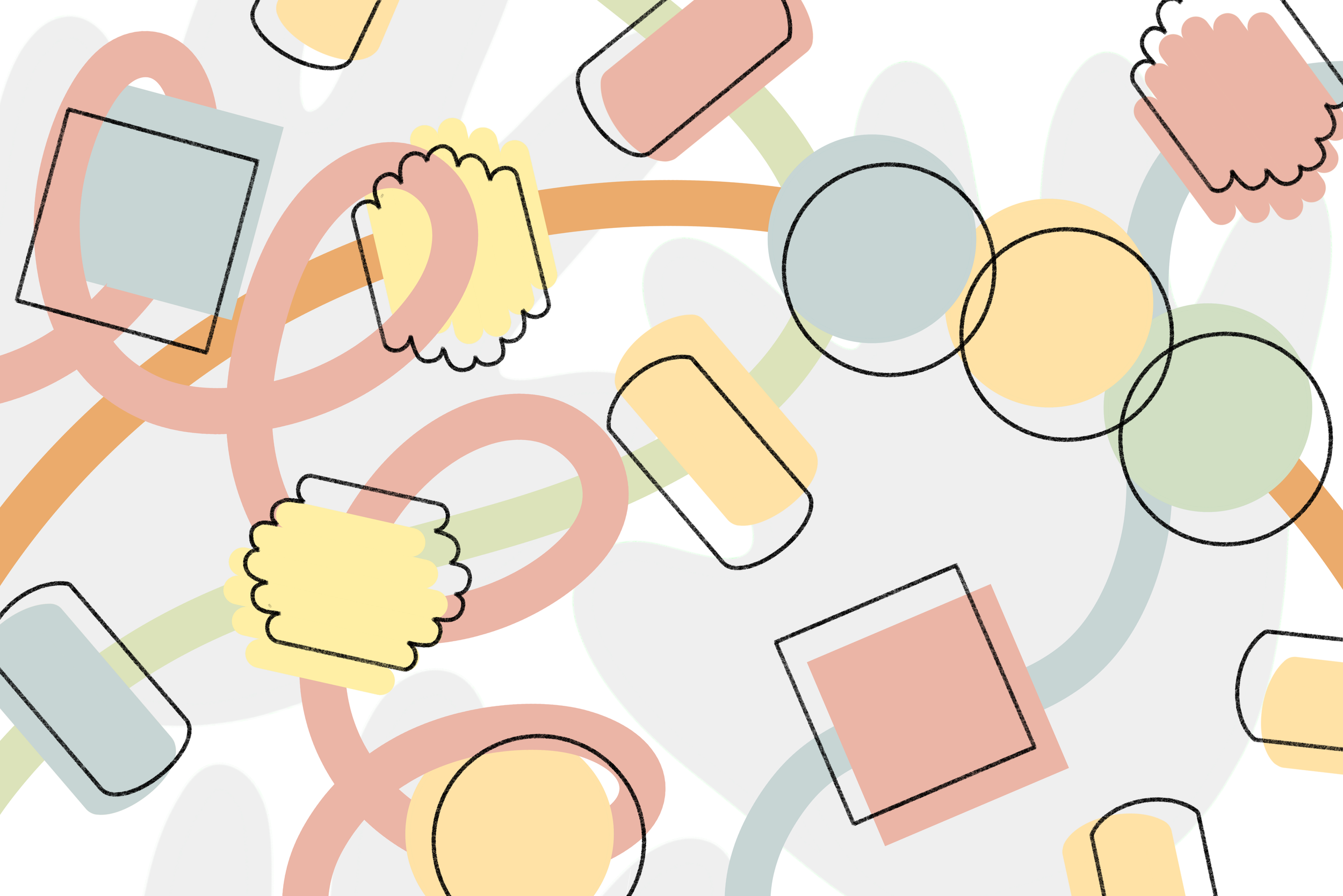 Abstract pattern with colorful shapes such as circles, squares, rectangles, and flower-like forms outlined in black over a white background.