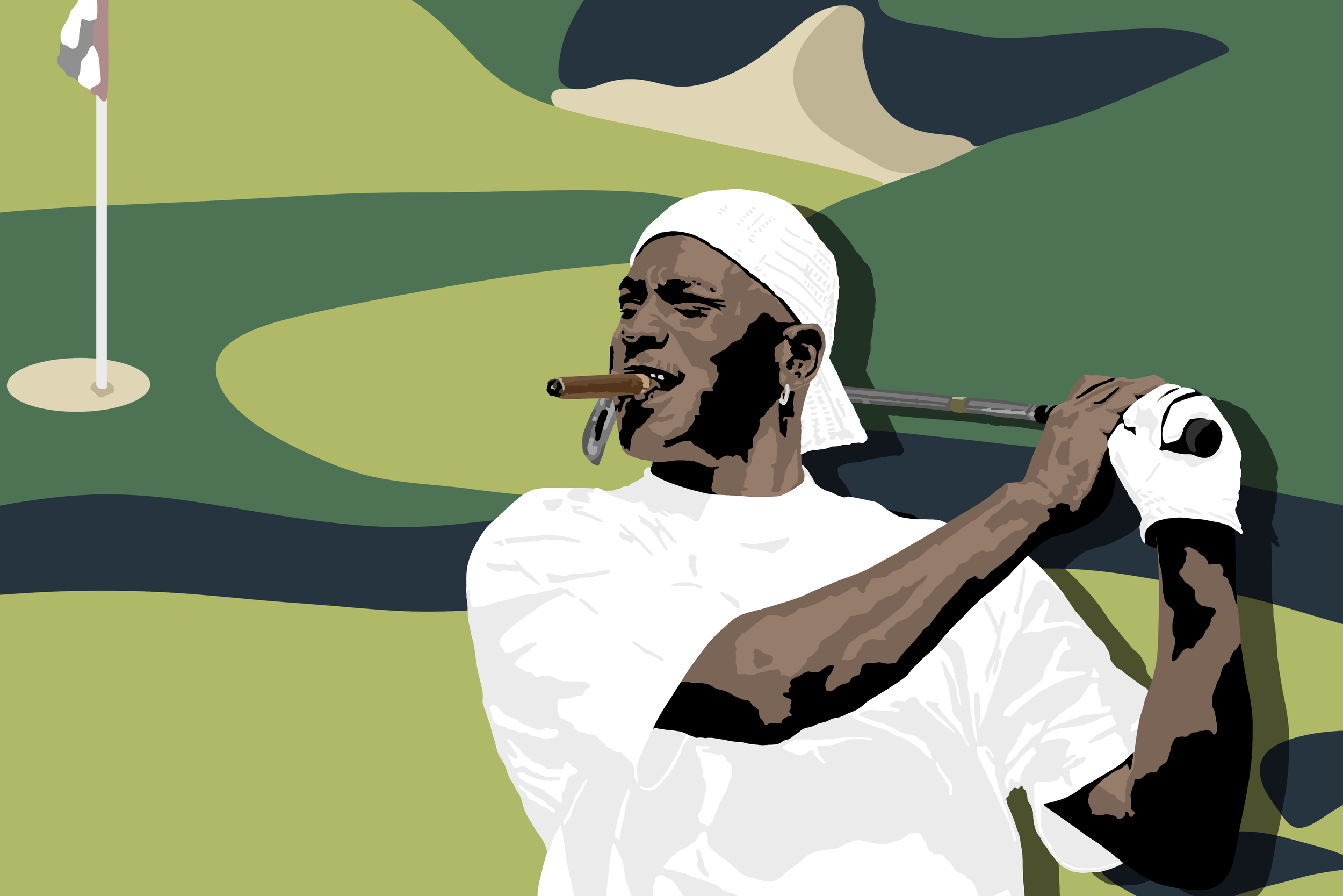 An illustration of a golfer in white attire with a white cap, holding a golf club over his shoulder, with a cigar in his mouth, standing near a golf hole on a course with green and blue patches.
