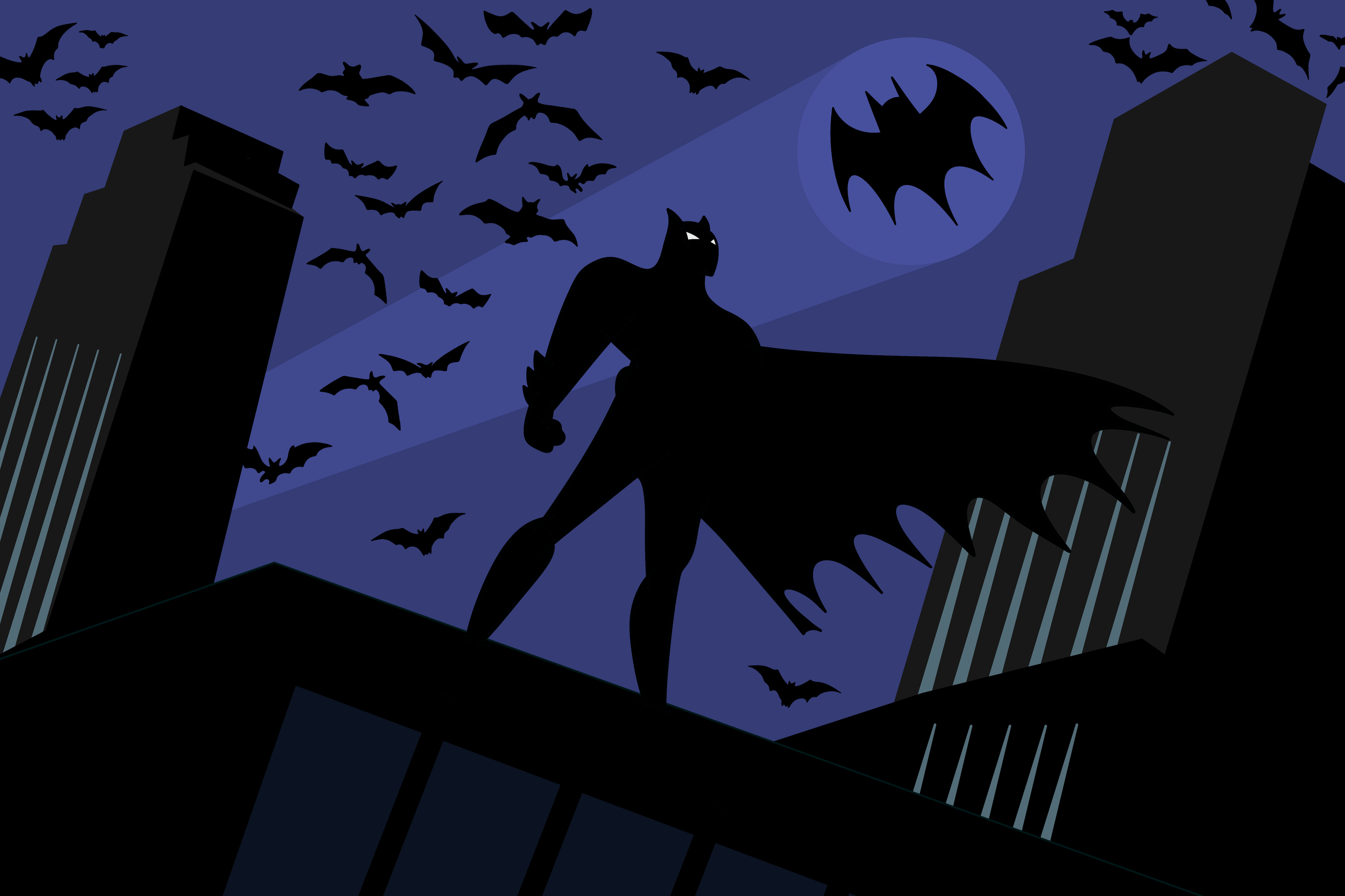 Silhouette of Batman standing on a building rooftop at night with a full moon, surrounded by flying bats in the sky, with tall city buildings in the background.