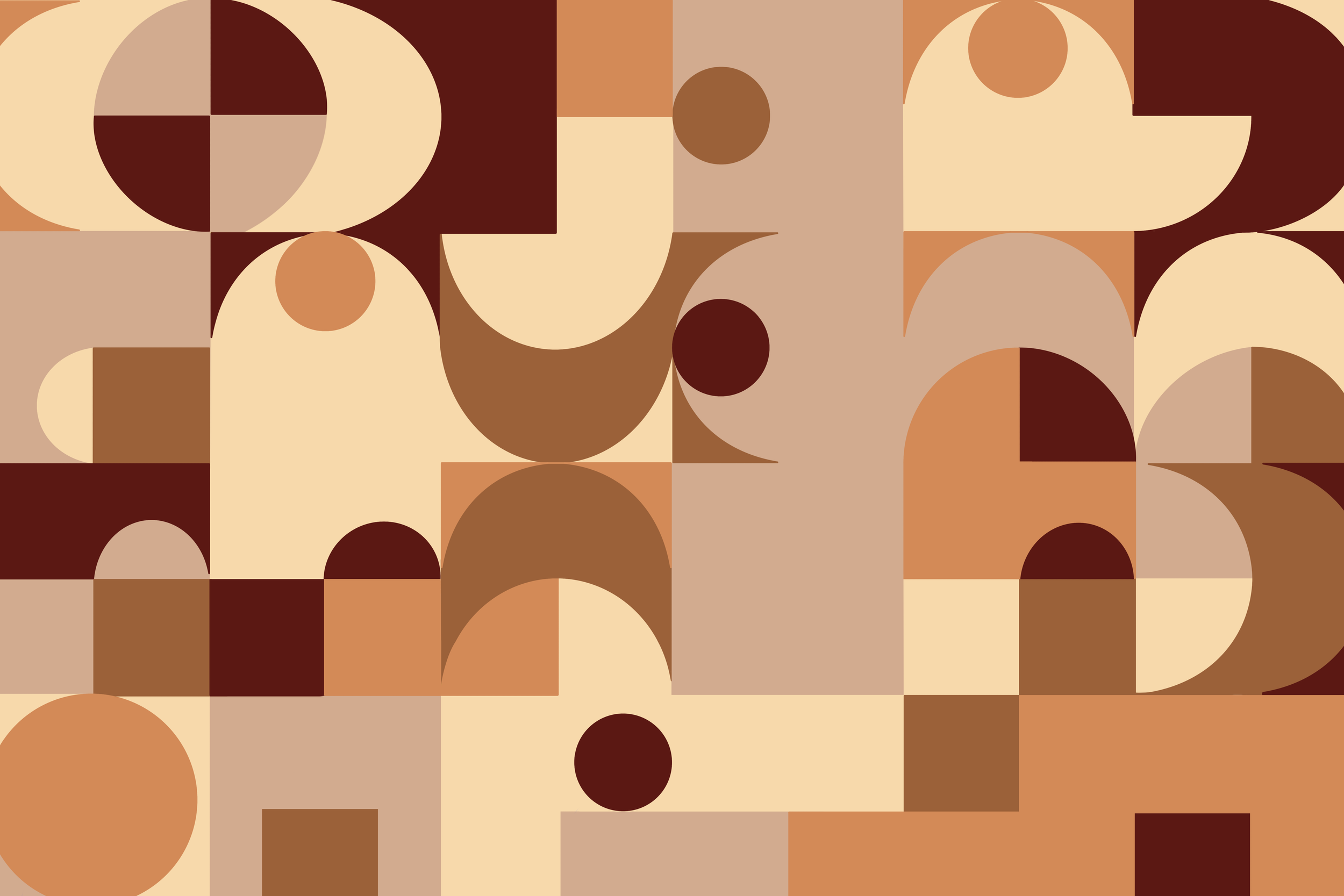 Abstract geometric pattern with circles, semi-circles, and squares in shades of beige, brown, and dark red.
