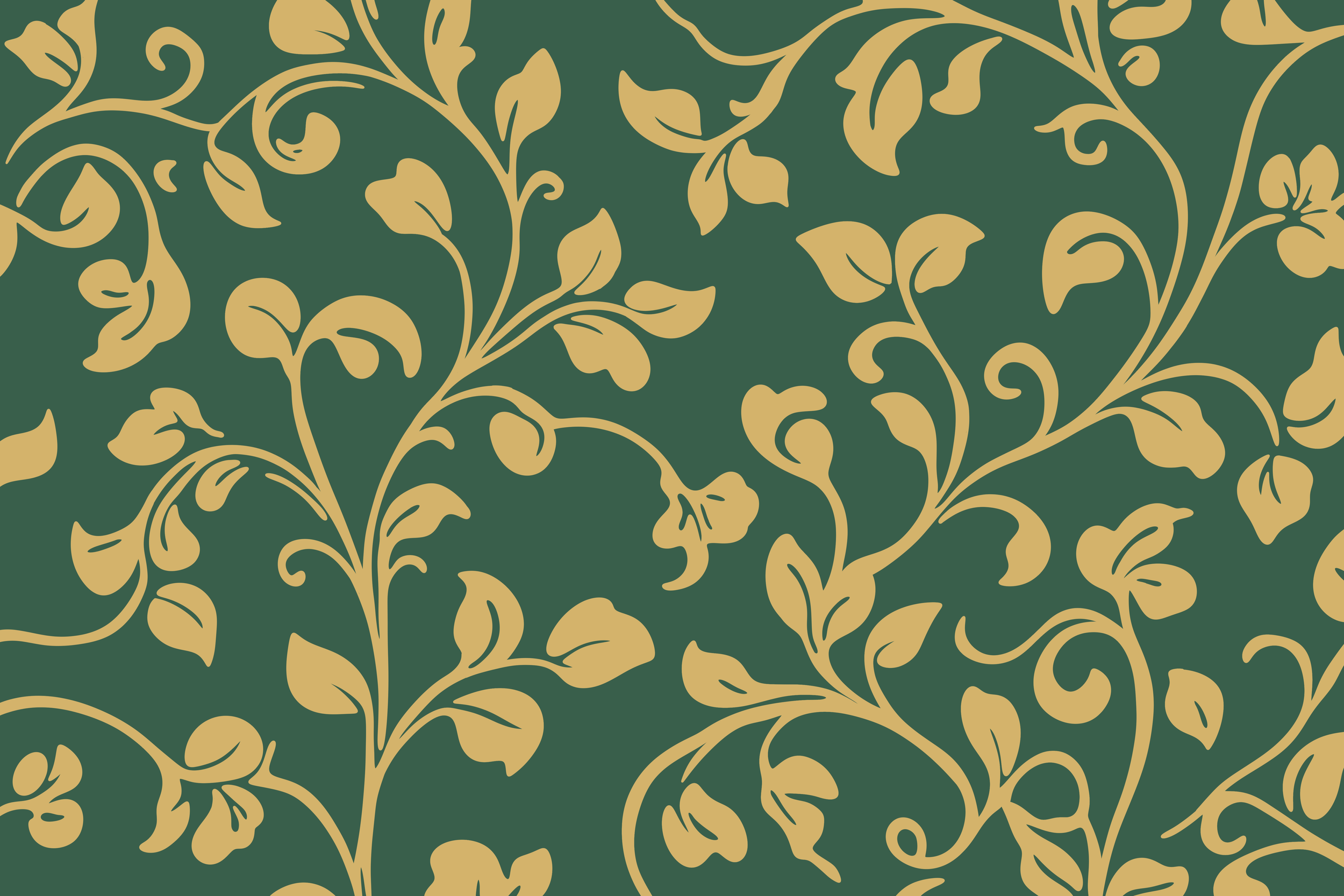 Green background with a gold floral and vine pattern.
