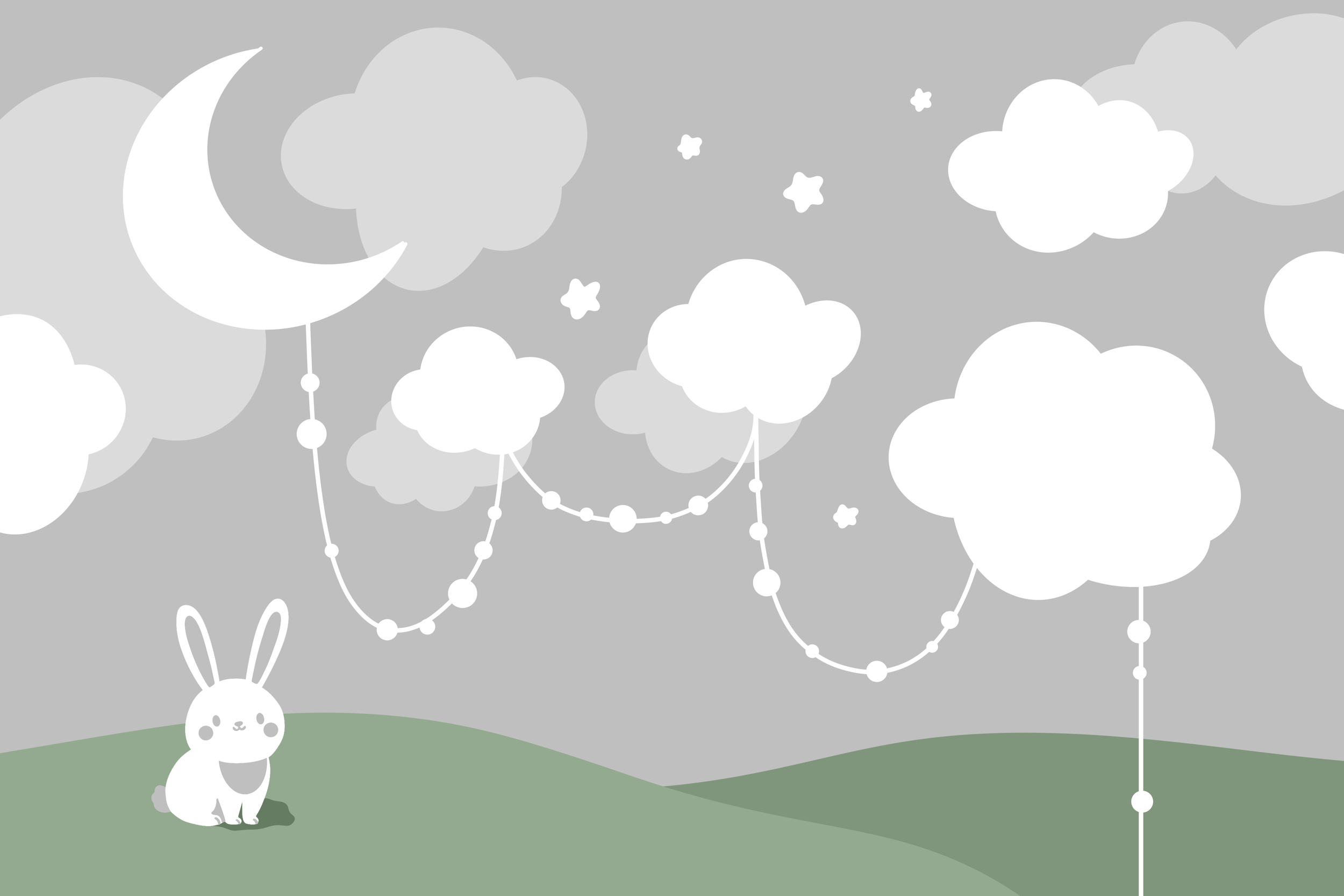 A cute cartoon bunny sitting on green grass under a night sky with clouds, stars, and large moon-shaped balloons connected by string.