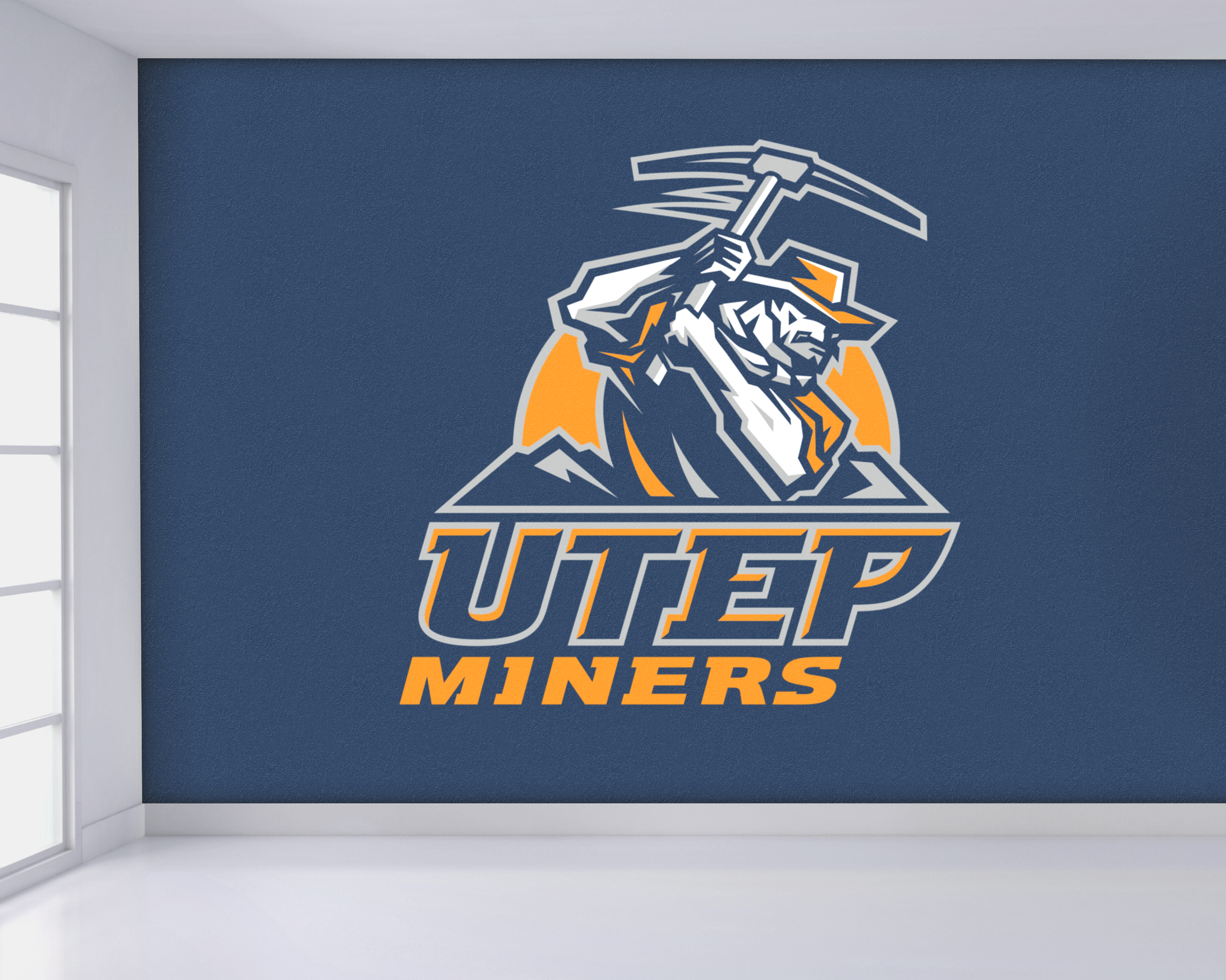 Wall mural of a miner holding a pickaxe, wearing a helmet with a headlamp, with the text 'UTEP Miners' below, in orange and navy colors.