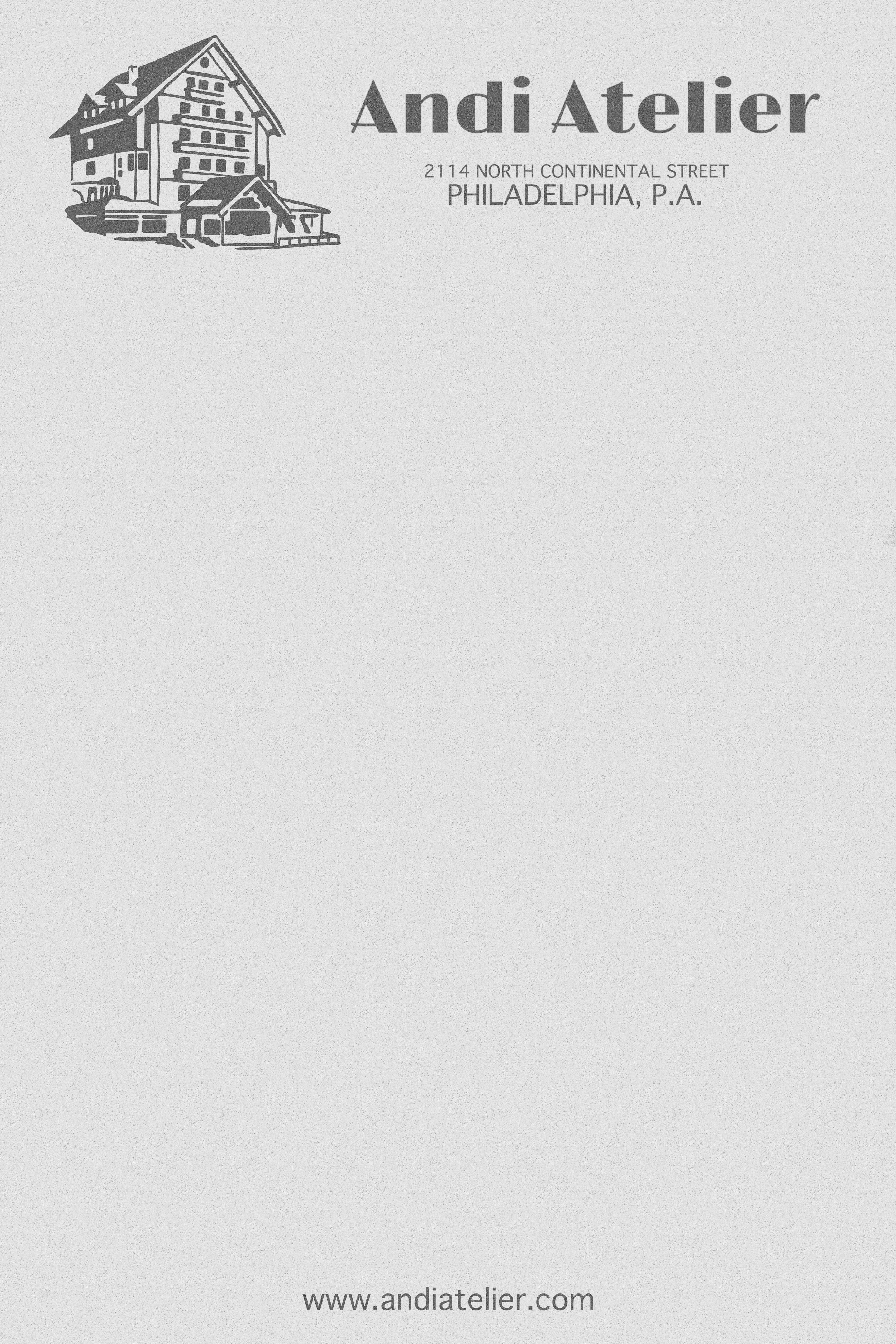 Business card for Andi Atelier featuring a house illustration and contact information at 2114 North Continental Street, Philadelphia, P.A., with website www.andiatelier.com.