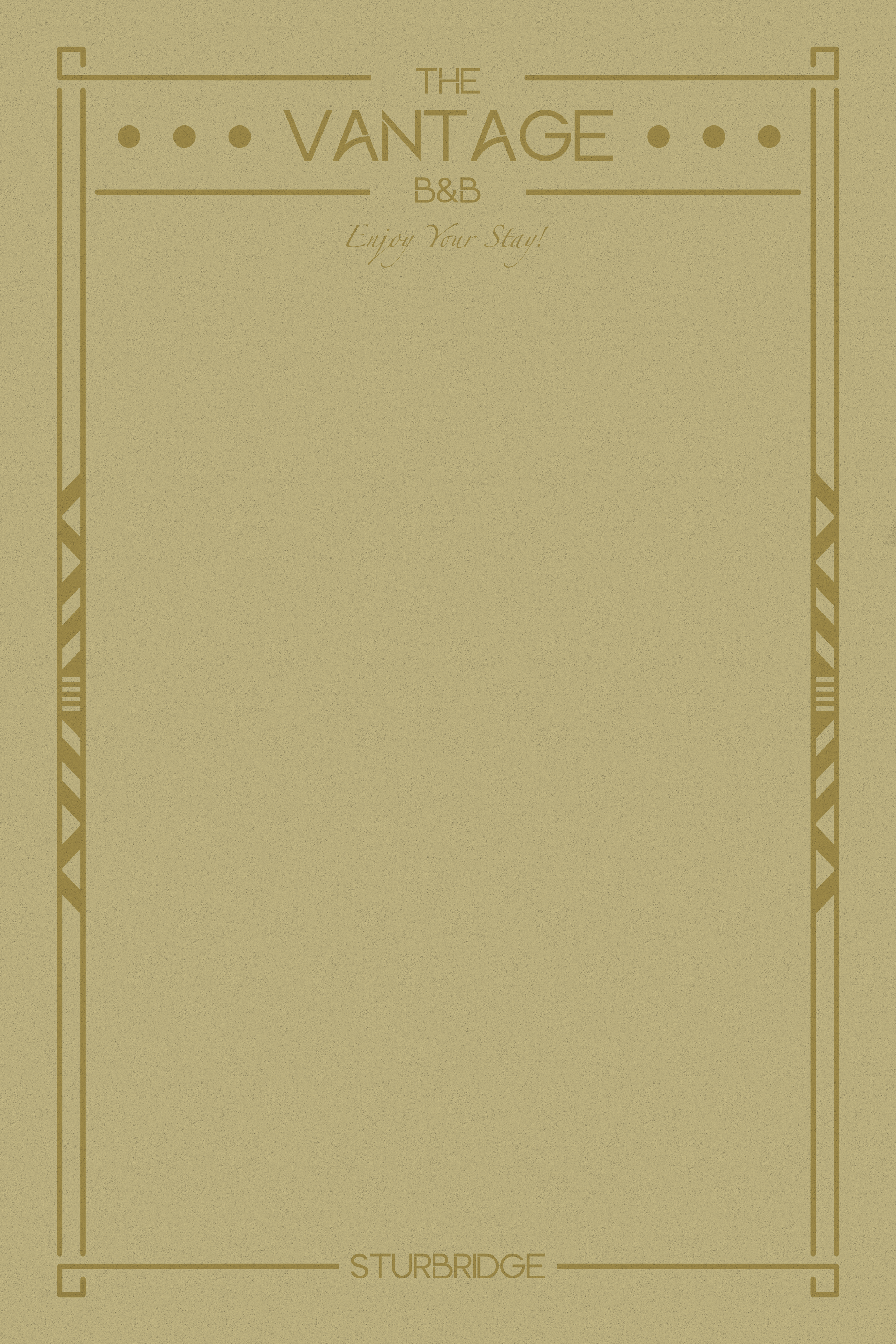 A vintage-style hotel or bed and breakfast greeting card with the text 'The Vantage B&B Enjoy Your Stay!'. The background is beige with decorative border elements in a darker beige color.