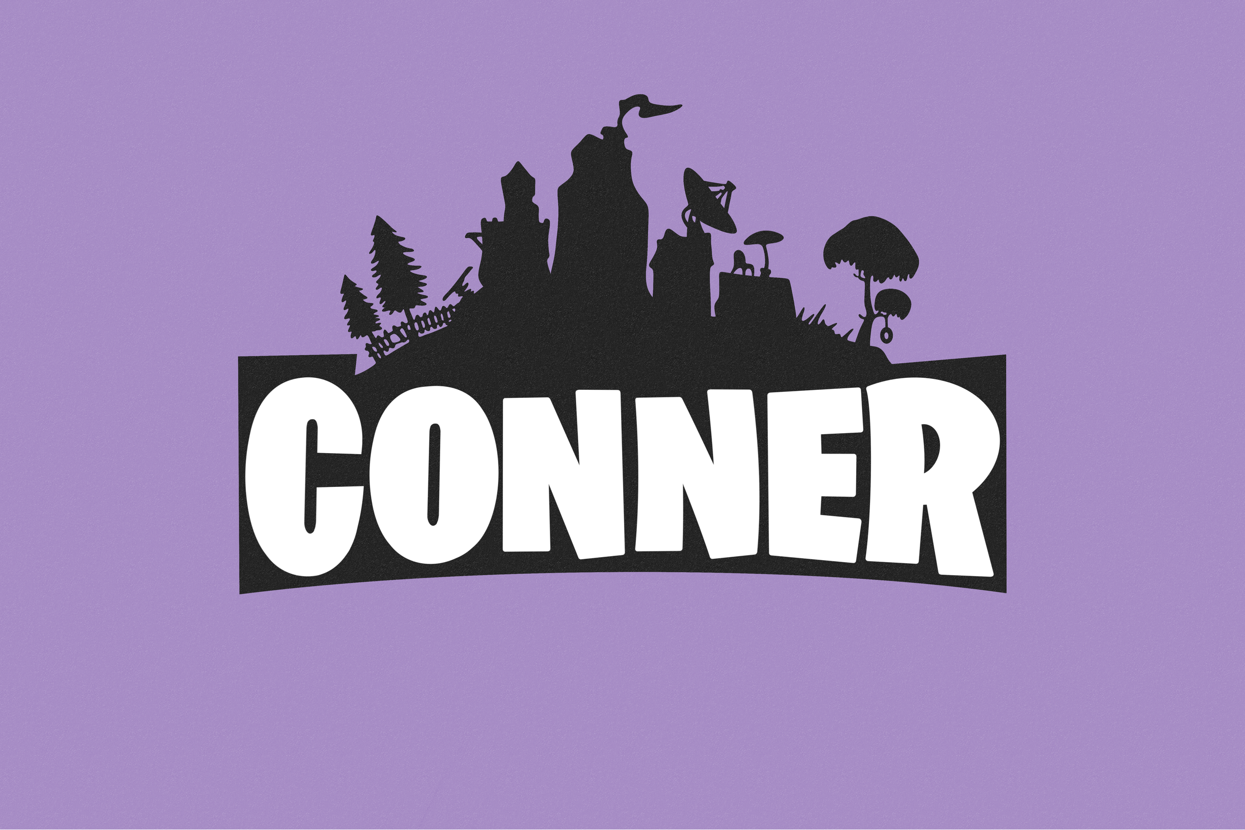 A purple background with a black silhouette of a hill with trees, buildings, and a satellite dish. Overlaid on the hill is the word 'CONNER' in bold white letters.