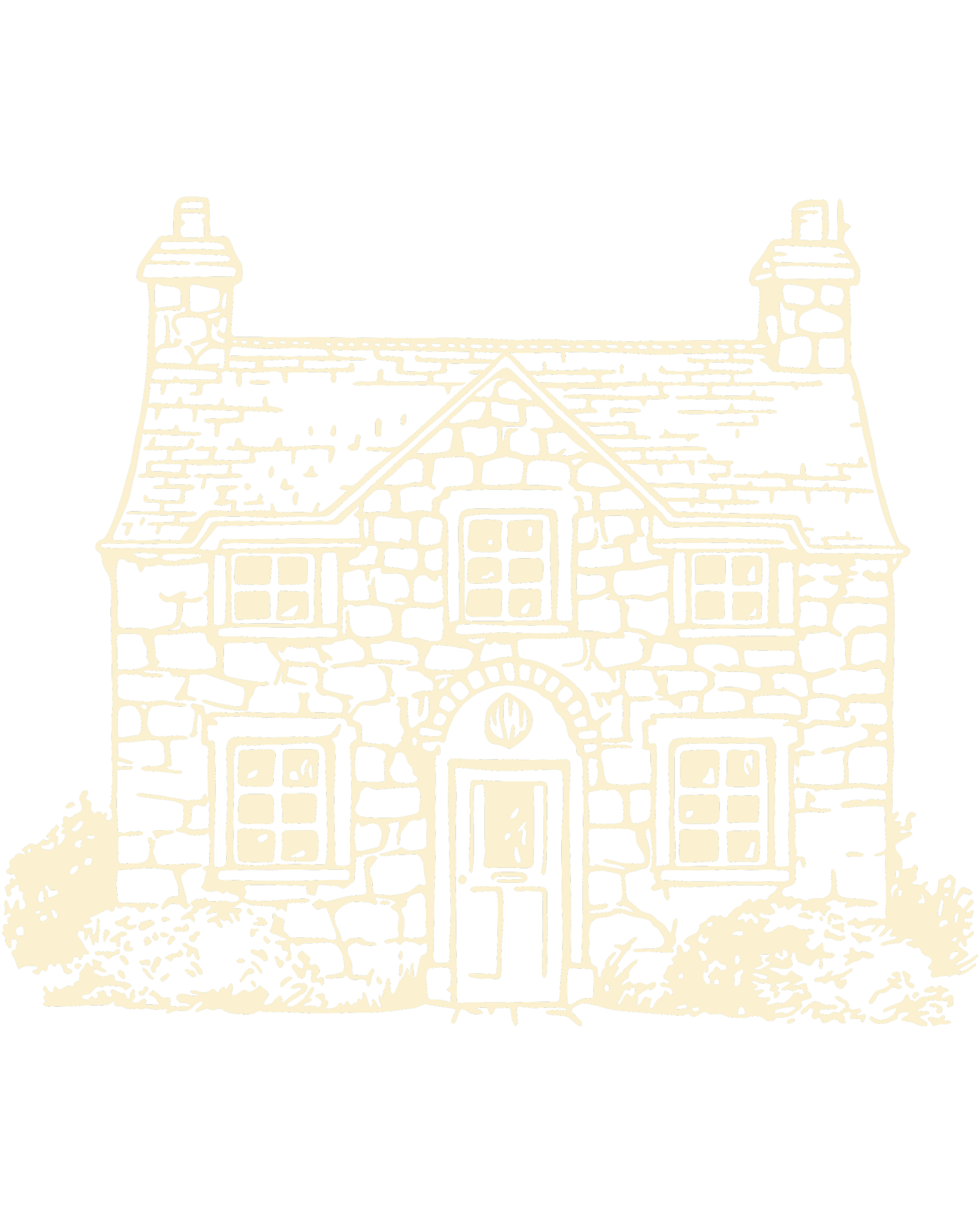 Line drawing of a stone house with a pitched roof and two chimneys, surrounded by bushes.