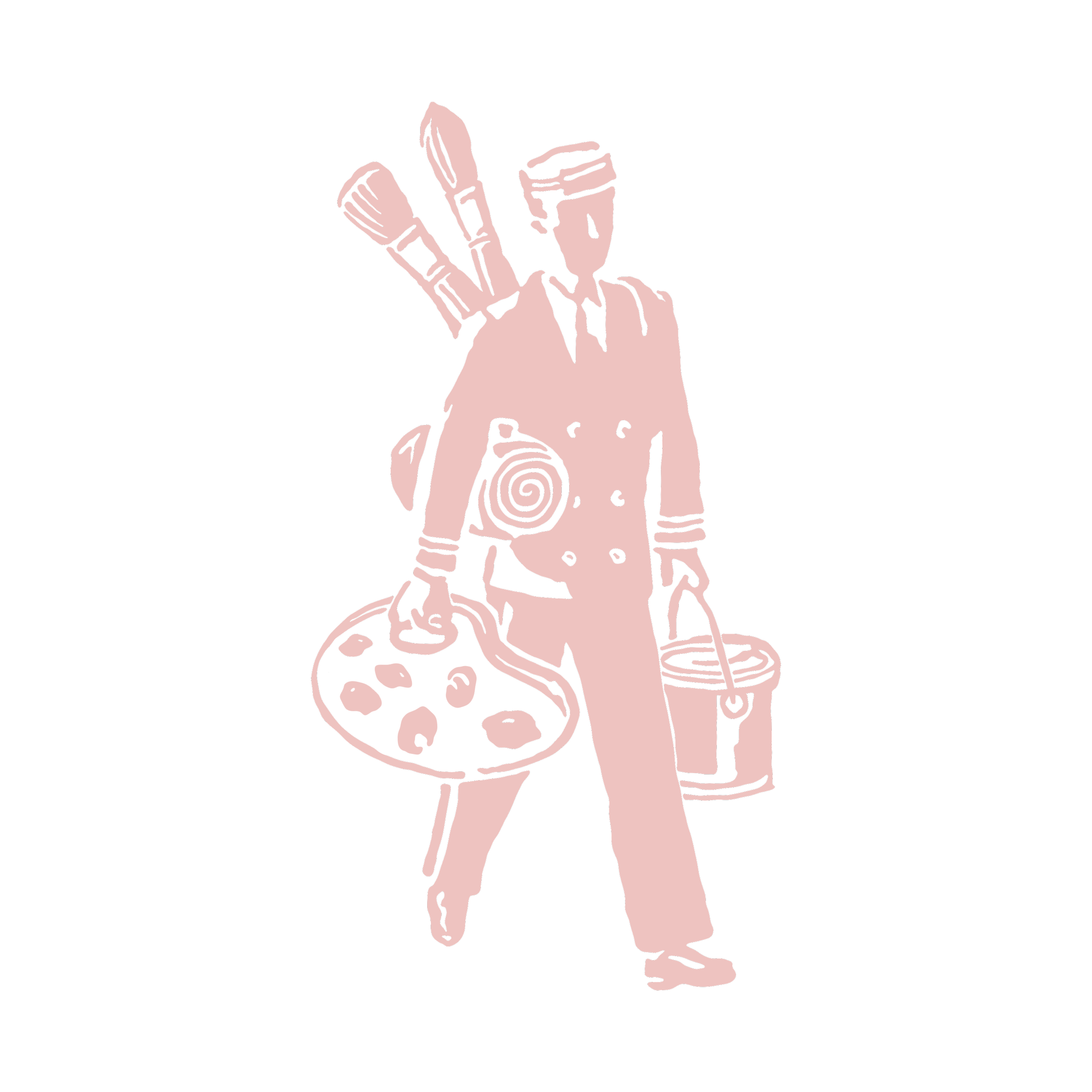 A stylized illustration of a painter carrying a palette and paintbrushes, with a backpack holding more brushes and buckets, depicted in pink on a black background.