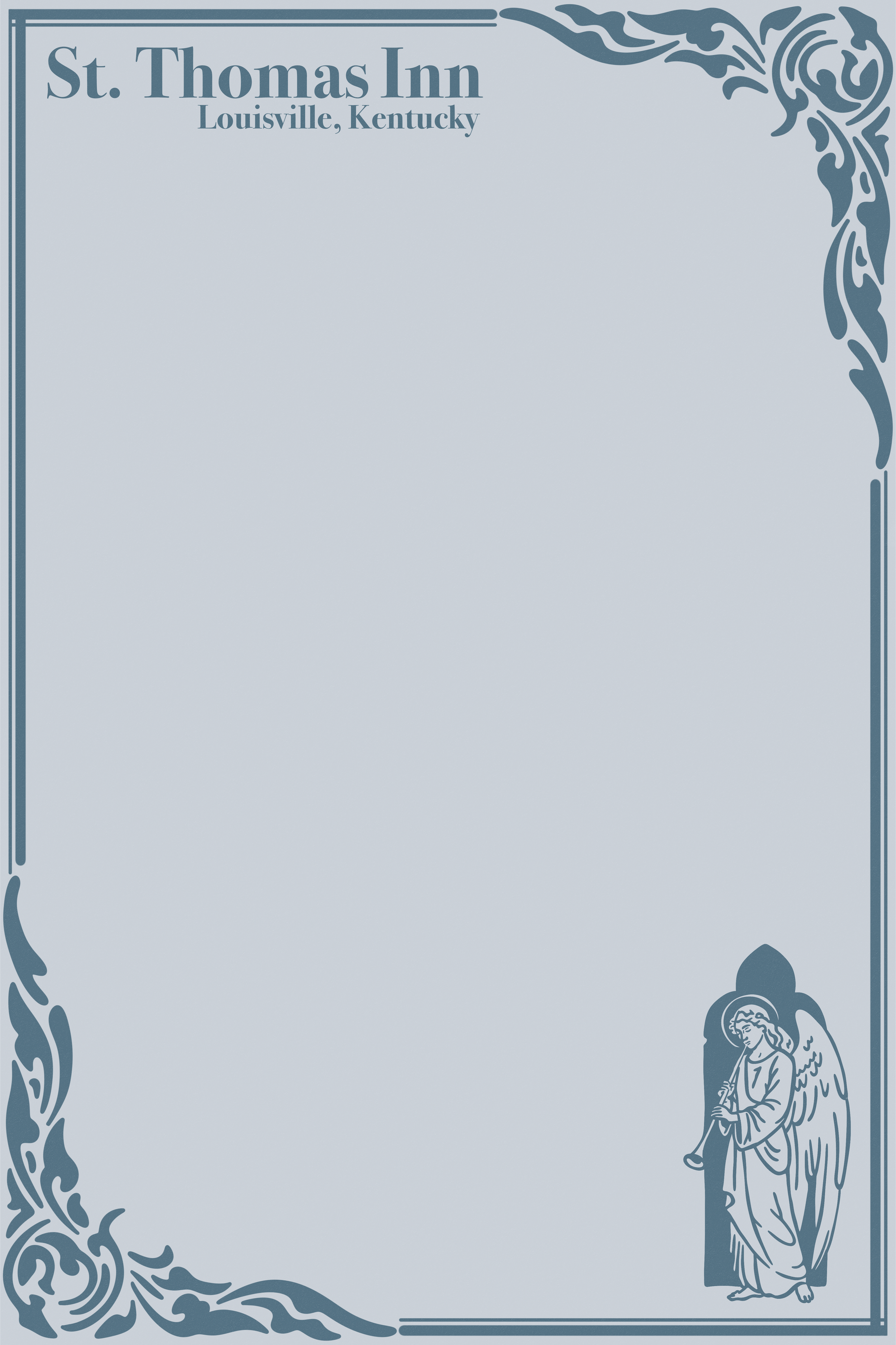 A decorative letterhead for St. Thomas Inn in Louisville, Kentucky, with ornate corner designs and an angel illustration in the bottom right corner.