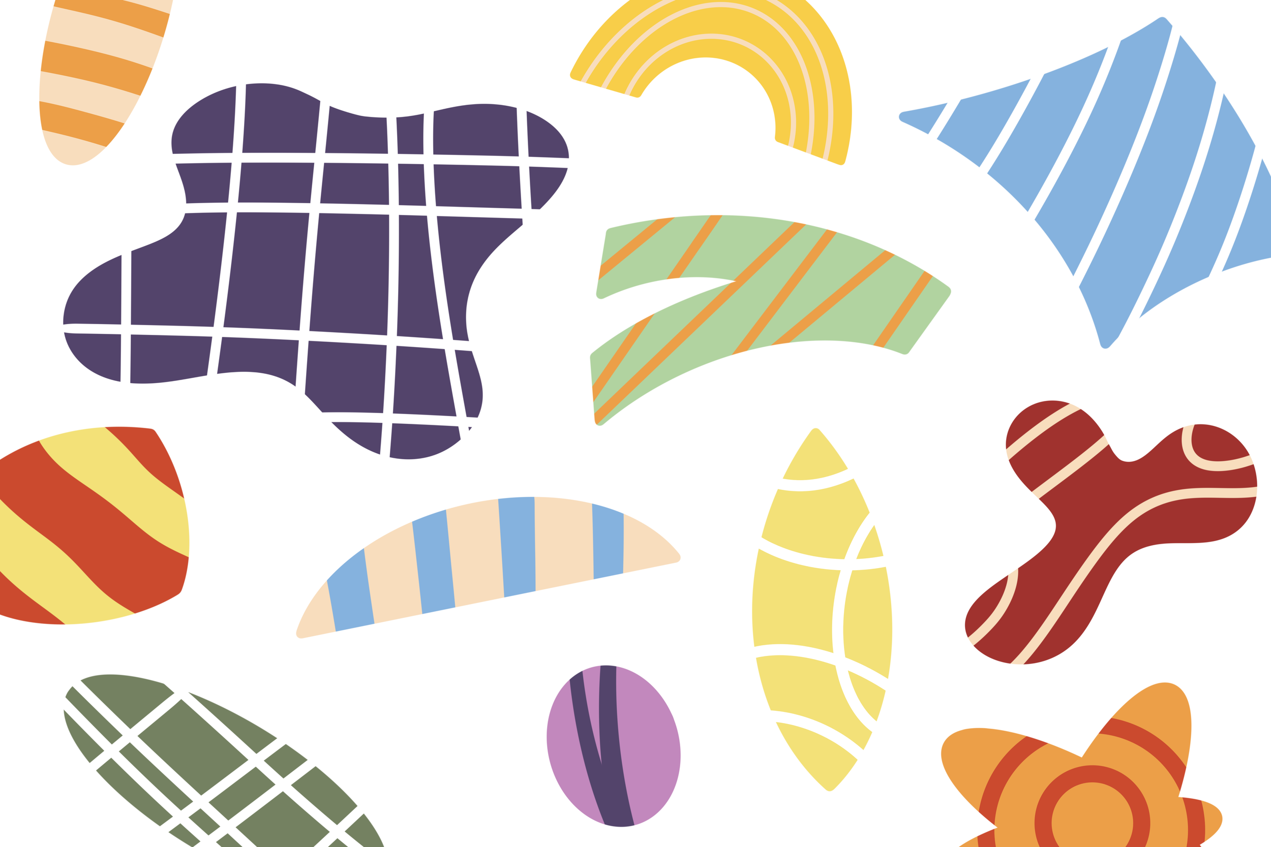 Colorful abstract shapes resembling candies or decorative elements scattered on a white background.