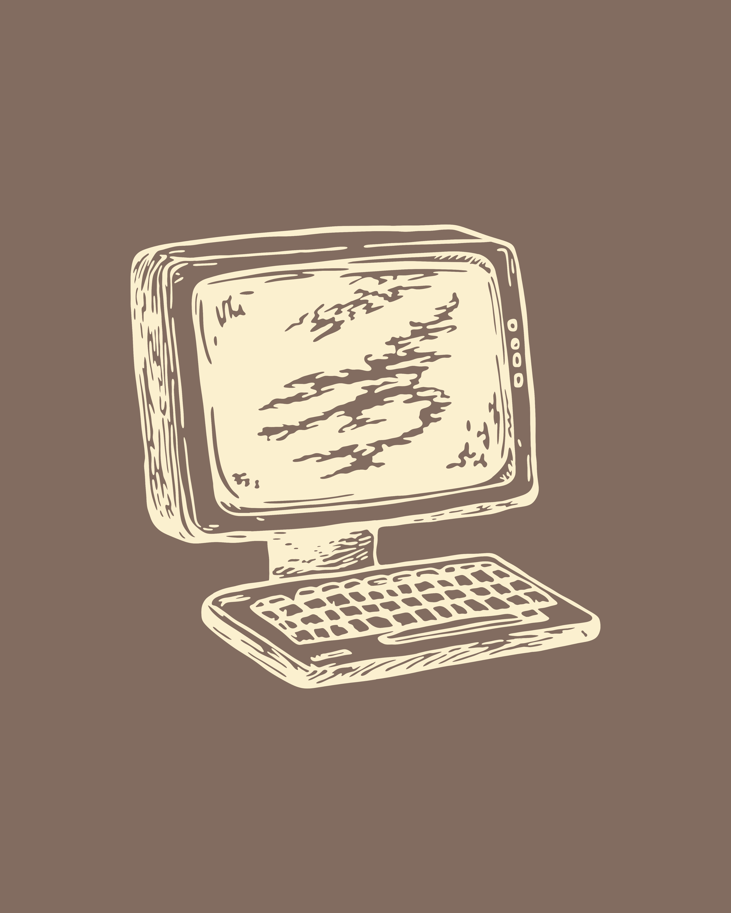 A sketch of an old-fashioned computer with a monitor, keyboard, and stand, all drawn in a beige color on a brown background.