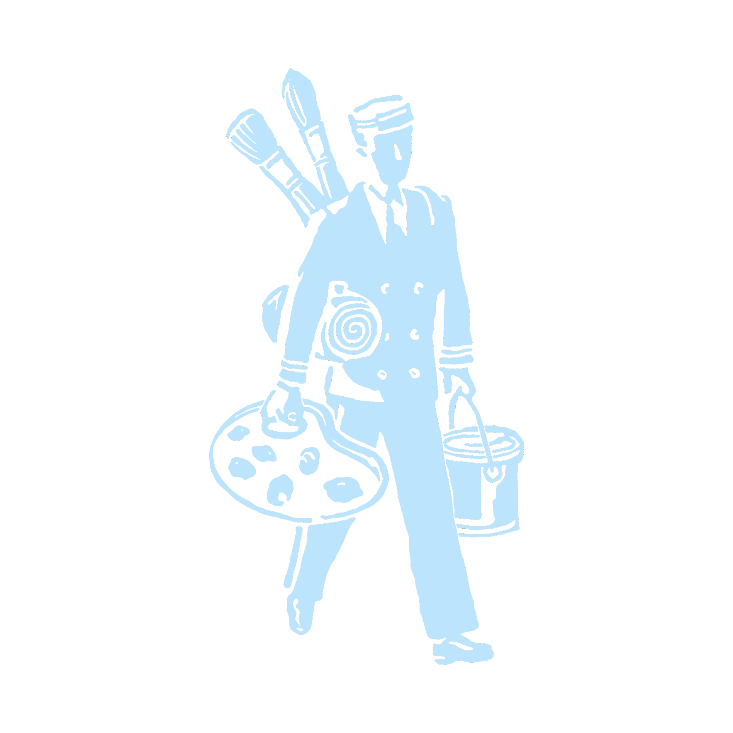 A stylized illustration of a person in a chef's coat carrying artist's supplies, including a painter's palette, a bucket, and a set of brushes.