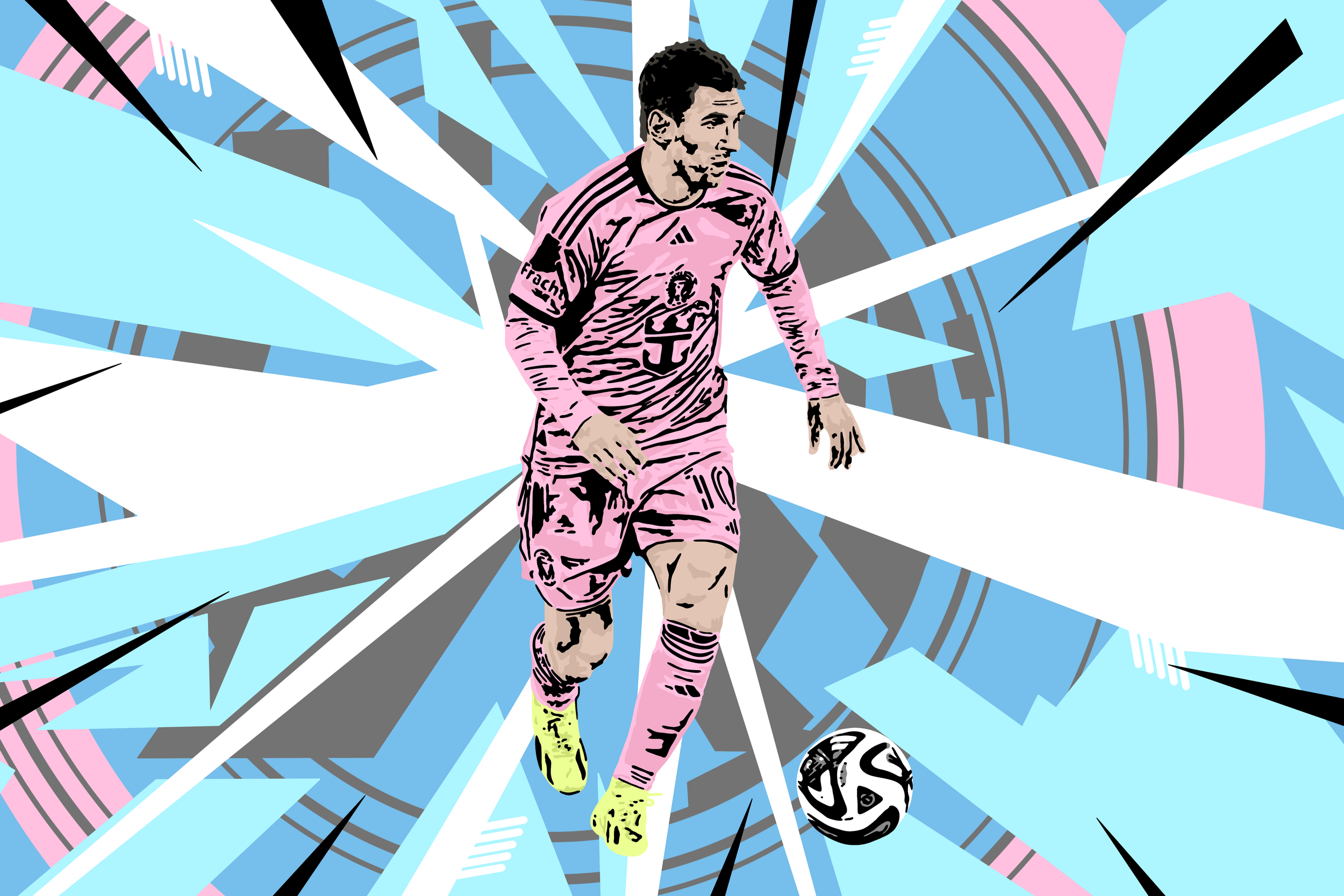 Digital artwork of a soccer player in a pink uniform dribbling a soccer ball against a colorful, abstract, radial background with blue, pink, black, and gray geometric shapes.
