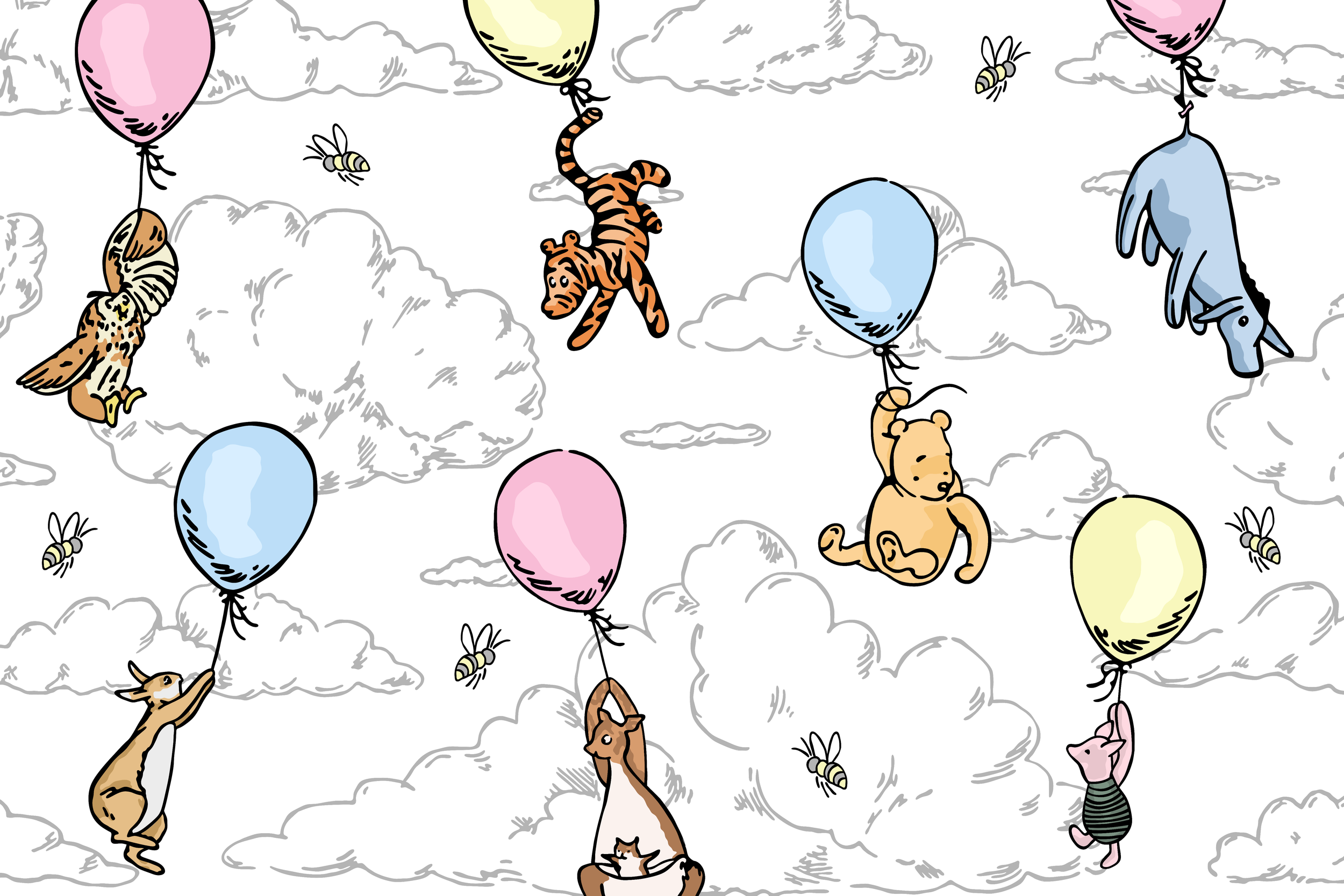 Illustration of various animals floating with balloons among clouds. The animals include a fox, a tiger, an owl, a bear, a bunny, a peacock, a pig, and a dog.
