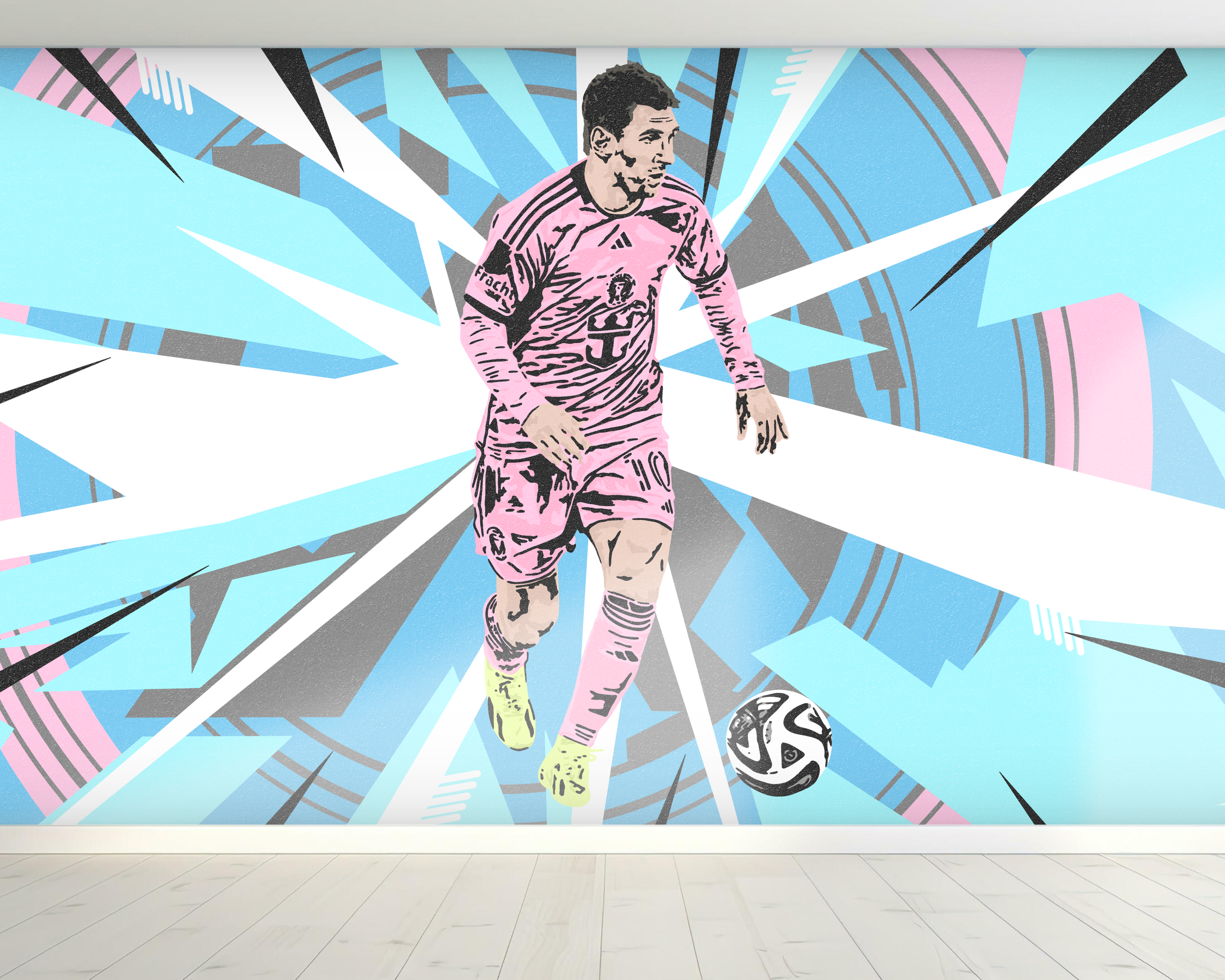 Colorful mural of a soccer player in a pink uniform running with a soccer ball in front of abstract geometric shapes and patterns.