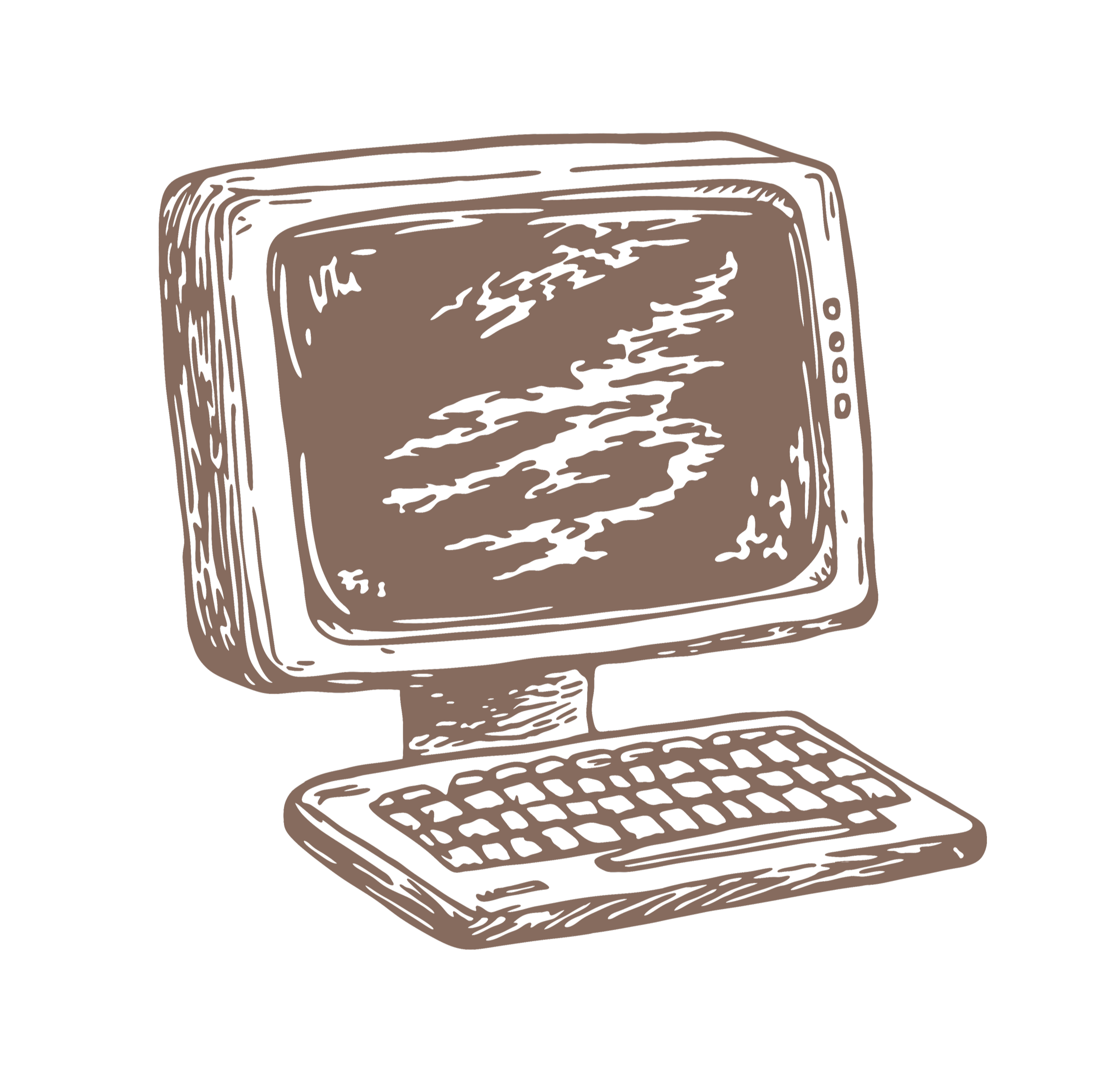 A hand-drawn illustration of an old-fashioned computer with a monitor and keyboard on a black background.