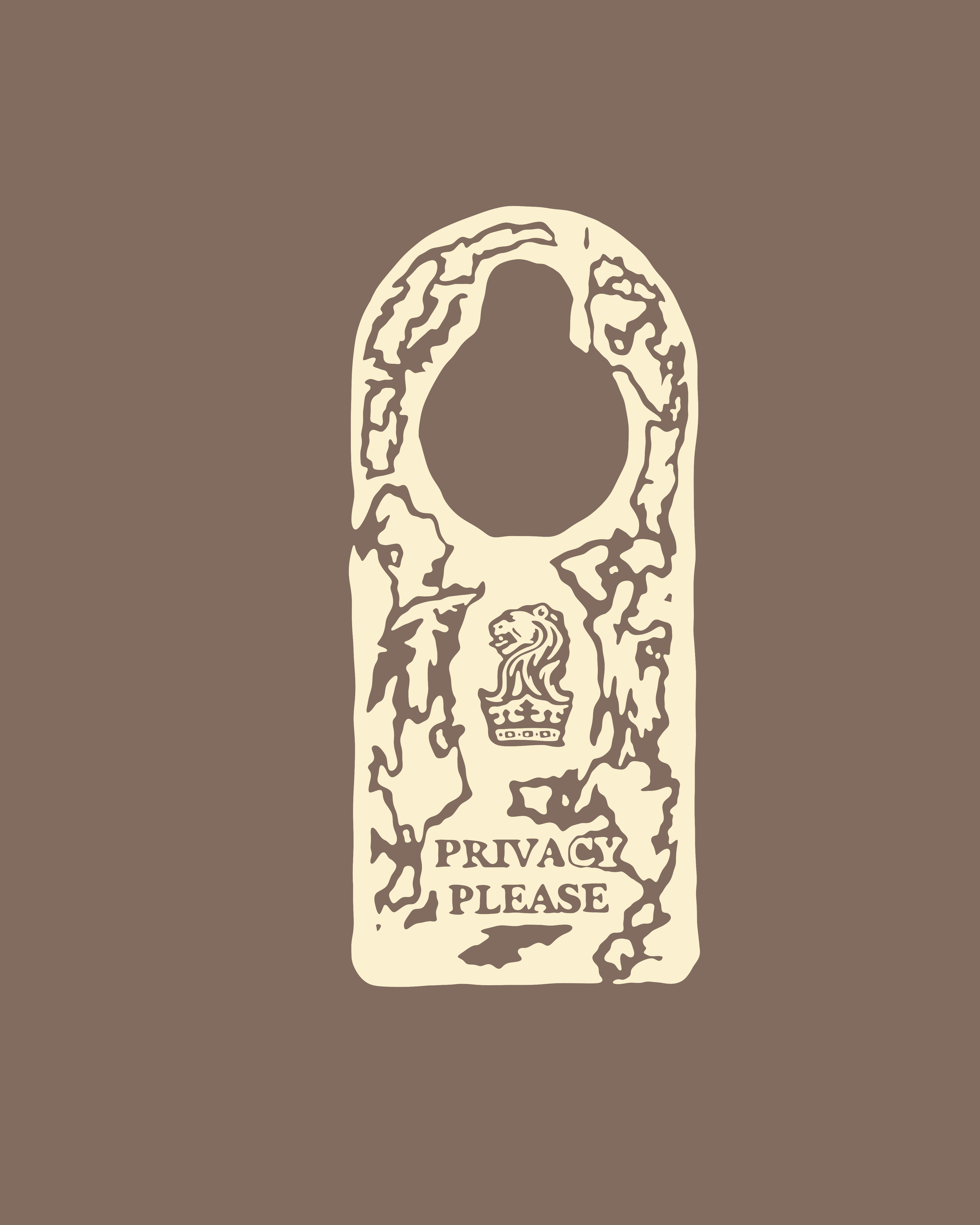 Illustration of a door hanger with a lion's head emblem, surrounded by abstract patterns, and the words 'PRIVACY PLEASE' at the bottom.