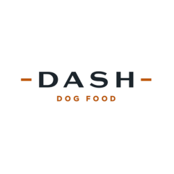 Logo for DASH Dog Food with black and orange text on a white background.