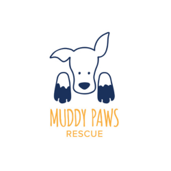 Logo of Muddy Paws Rescue featuring a drawing of a dog with muddy paws and the rescue's name in orange text.