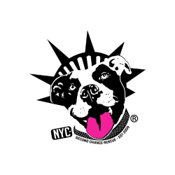 Logo featuring a dog's face in front of a stylized sunburst with NYPD and Second Chance Rescue text