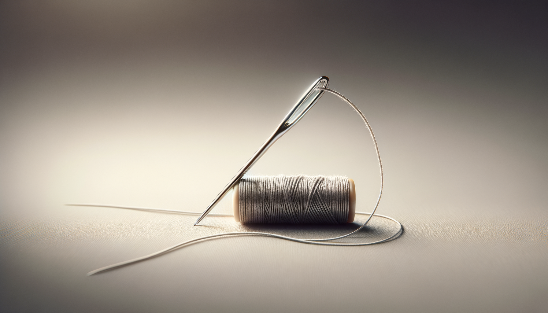 A spool of white thread, a sewing needle, and a sewing pin on a plain surface with a gradient background