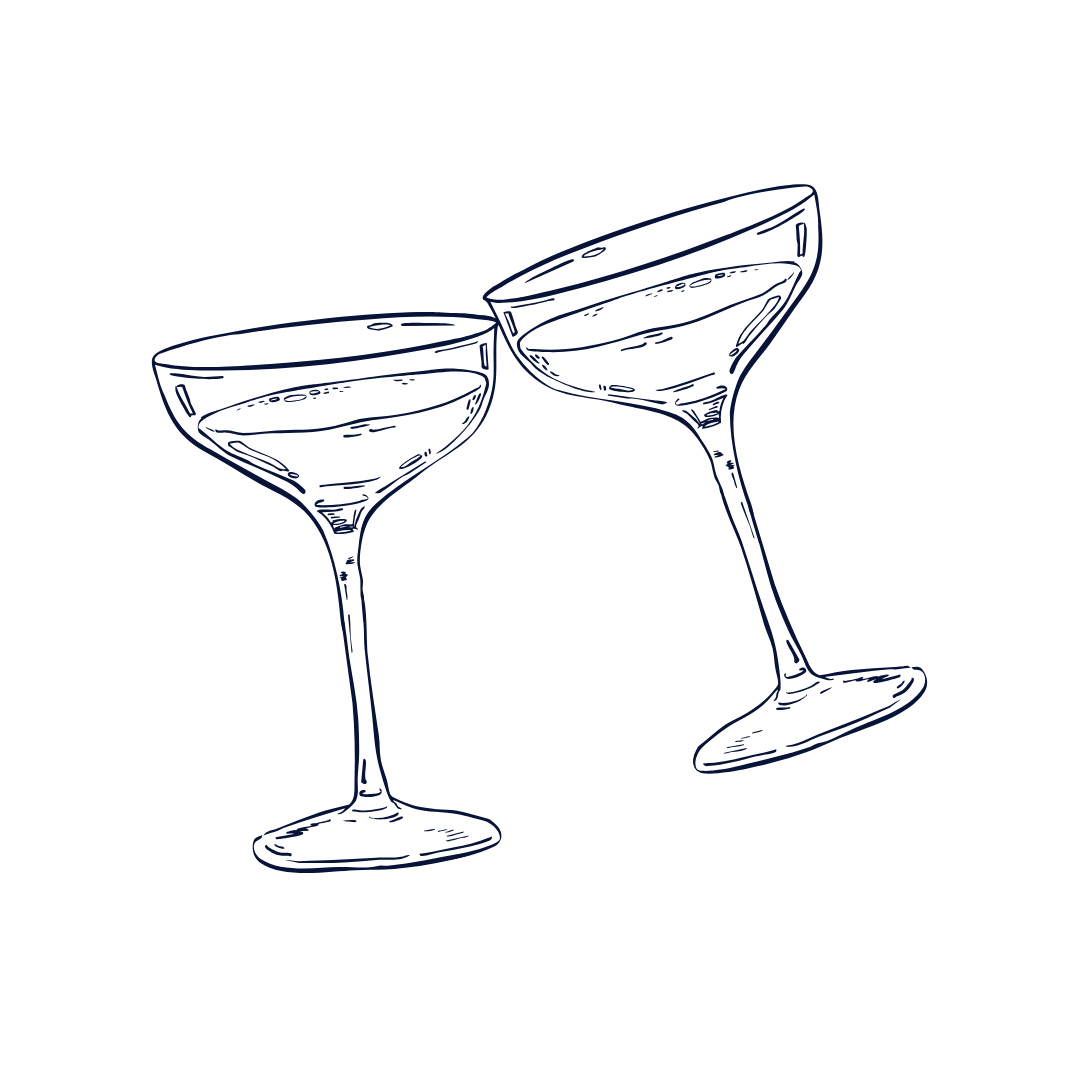 Outline drawing of two cocktail glasses clinking together.