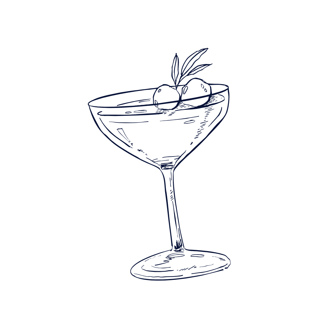 Line drawing of a cocktail glass with olives and a leaf garnish.