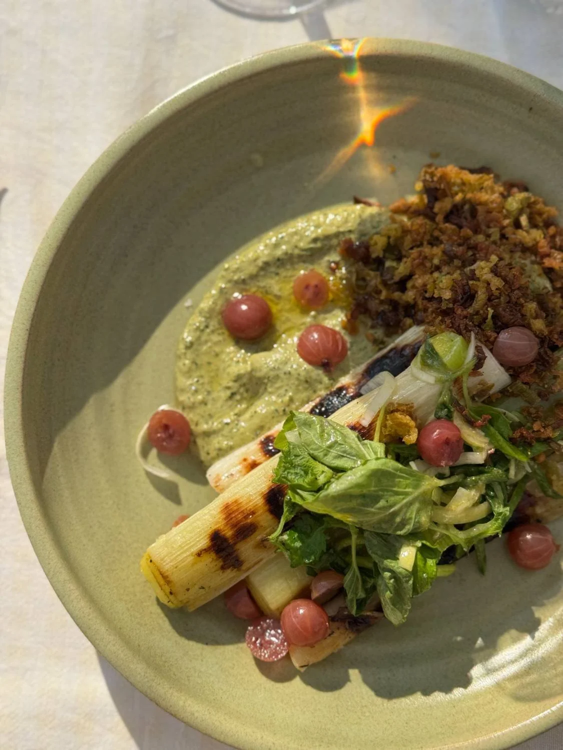 A plate with grilled vegetables, a green sauce with berries, and a cooked meat dish with herbs, served on a light green plate.