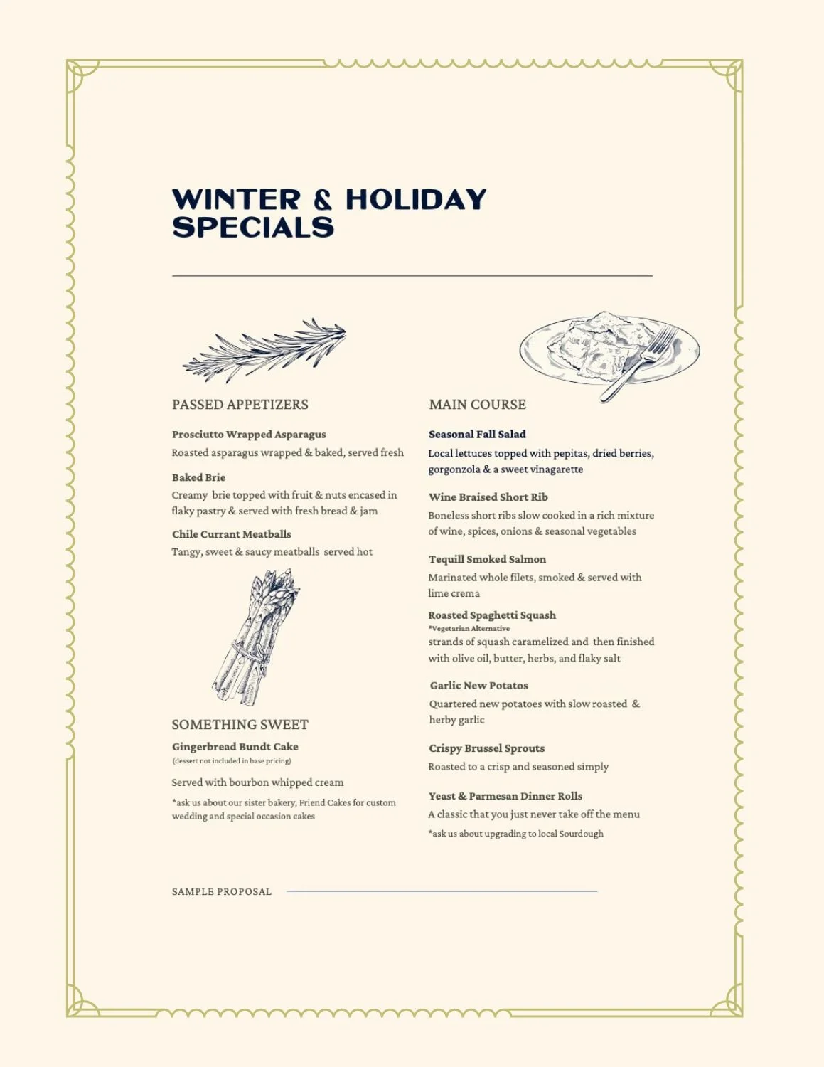 Gourmet Gals Catering Sample Winter & Holiday Specials Menu.