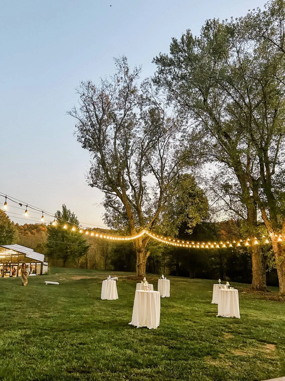 Outdoor event space in a grassy area with string lights hanging above, tall trees, small tables covered with white cloths, and a building with a glass enclosure on the left side.