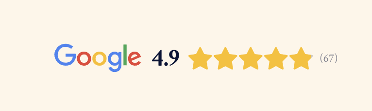 Google logo, a 4.9 star rating, and five gold stars with 67 reviews.