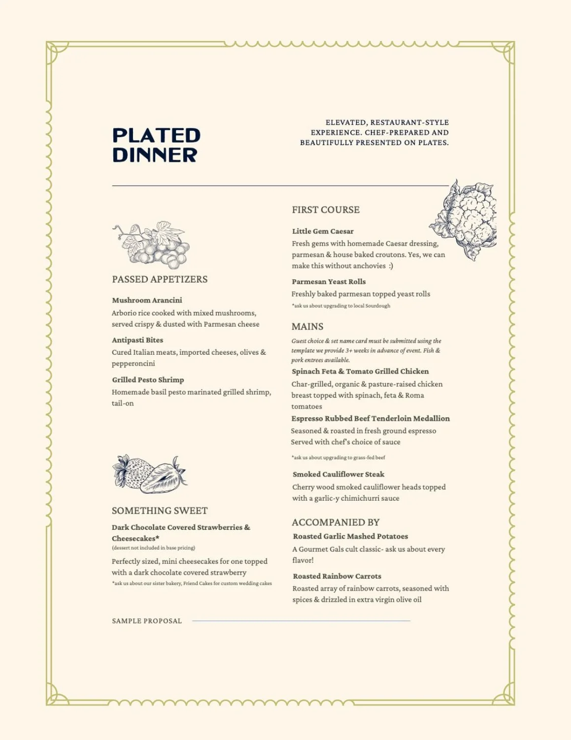 Gourmet Gals Catering Sample Plated Dinner Menu.
