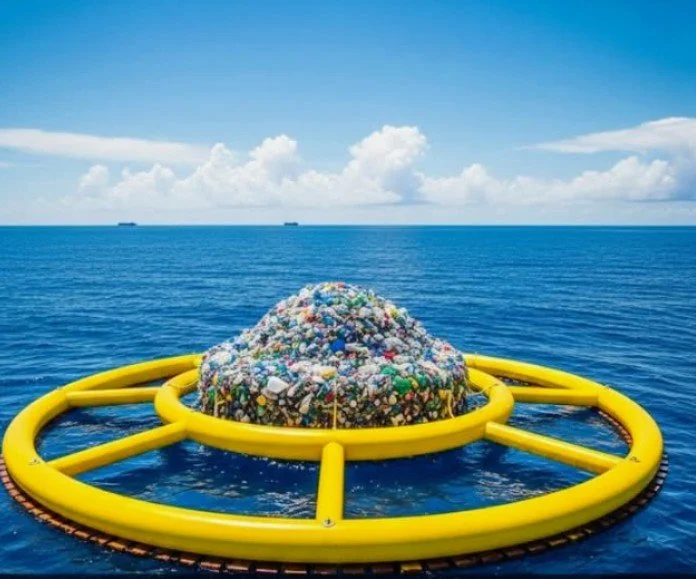 Round yellow ocean-cleanup vacuum containing collected plastic debris.