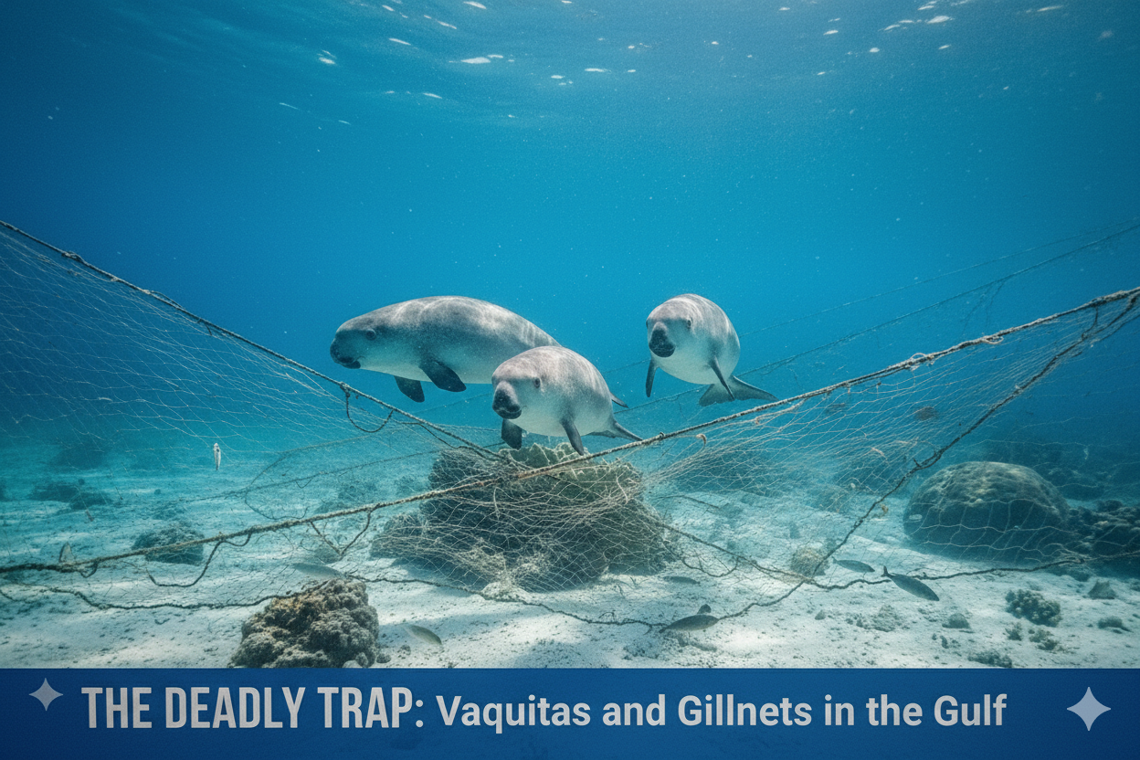 A somber underwater photograph showing three vaquita porpoises swimming perilously close to a large, tangled gillnet stretched across the ocean floor. A blue anner at the bottom contains the text: " THE DEADLY TRAP: Vaquitas and Gillnets in the Gulf"