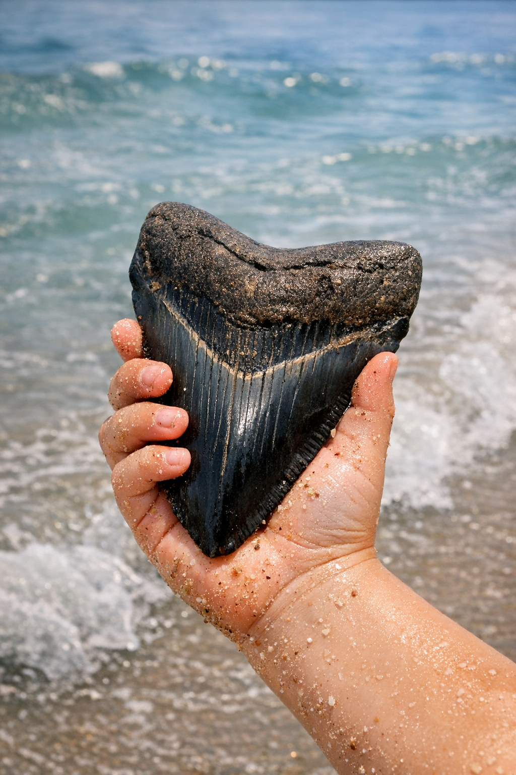Close-up of a child's sandy hand holding a large fossilized megalodon tooth near the shoreline, with ocean waves and white foam inn the background.