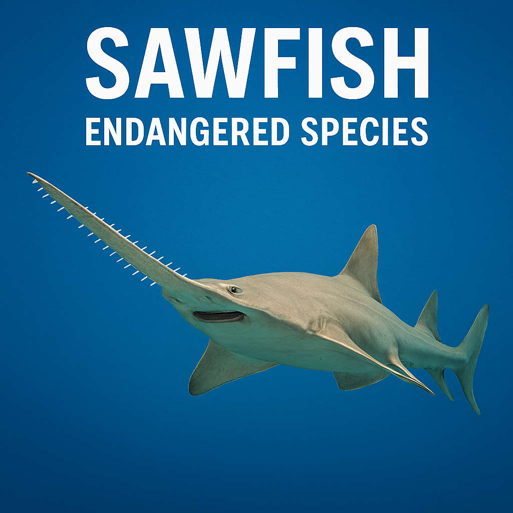 A sawfish swimming in the deep blue ocean water with bold text reading "Sawfish Endangered Species' at the top."
