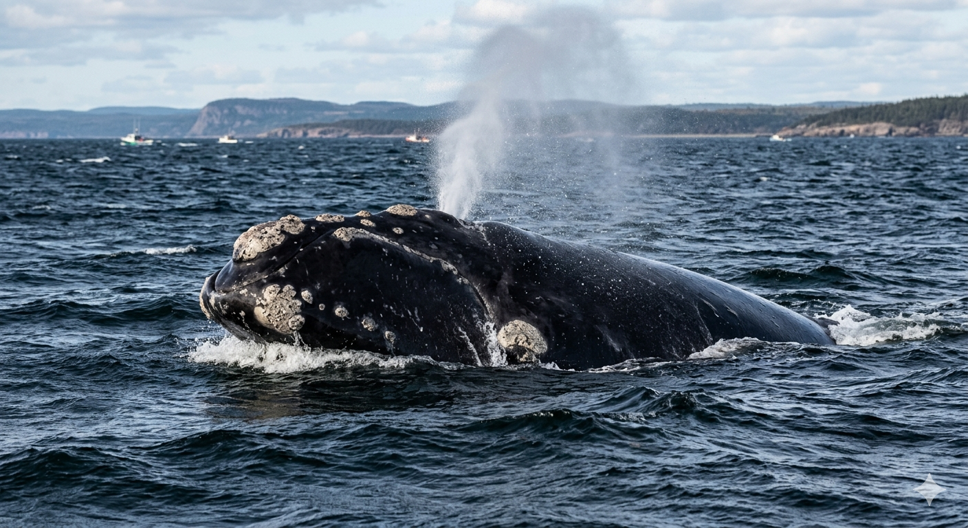 breaking the surface: a right whale, displays its signature V-shaped blow