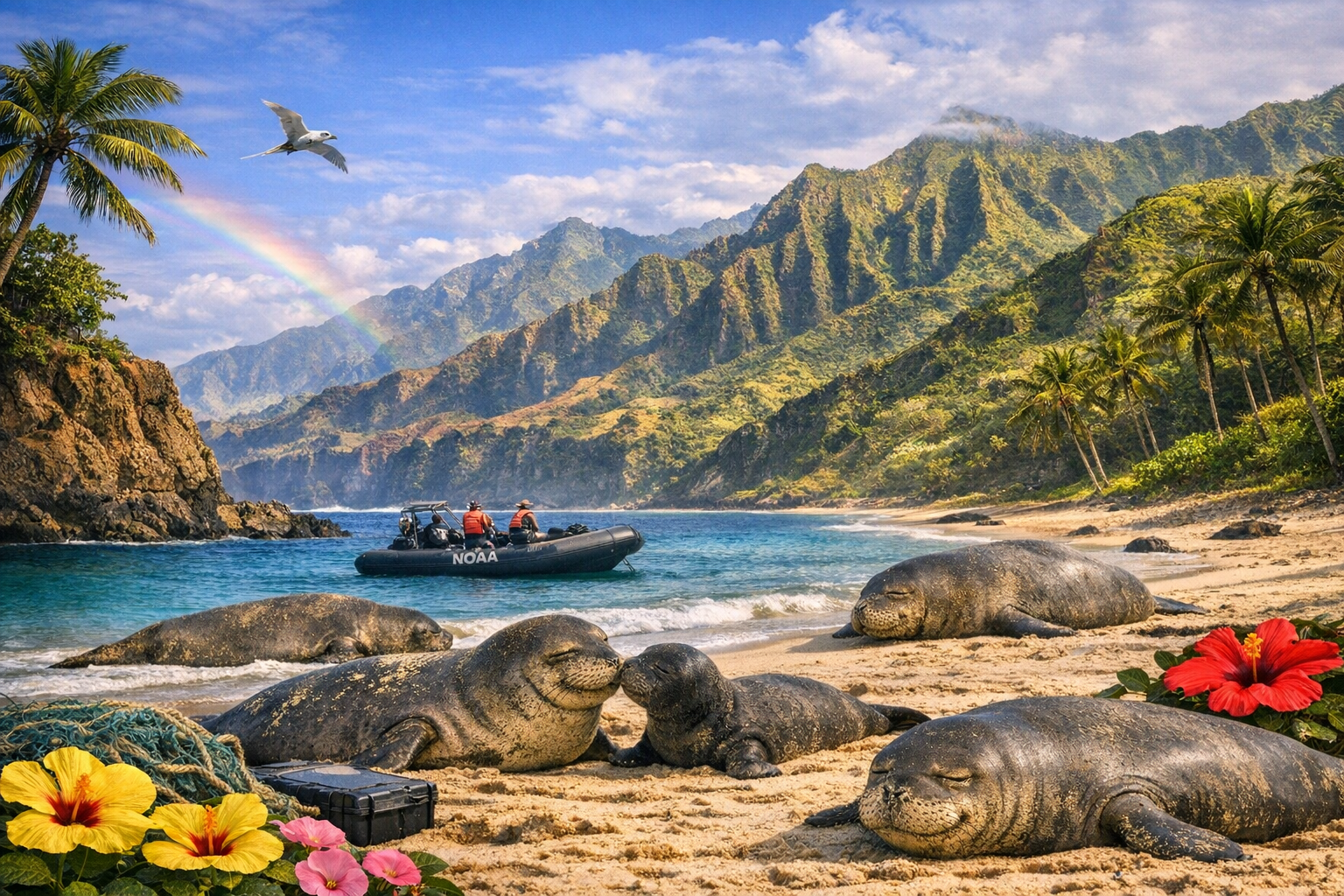 Hawaiian monk seals resting on a beach, while NOAA recovery team observes from the ocean.
