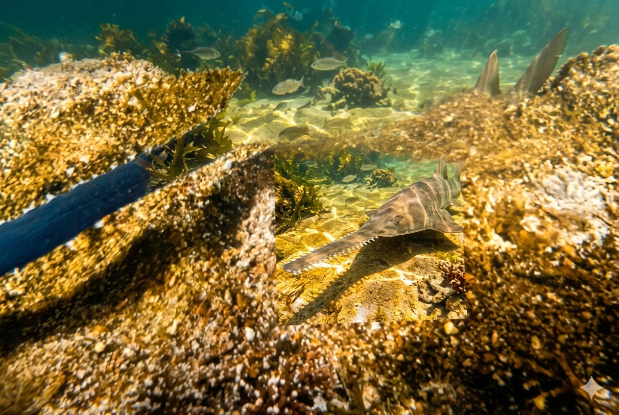 A sawfish resting on a sandy ocean floor with its long, saw-like rostrum extended across the frame, surrounded by pebbles and clear blue water.