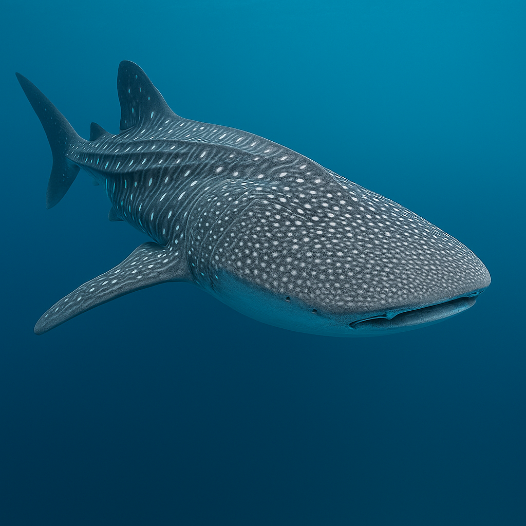 A whale shaek swims through clear blue ocean water, its spotted back visible as it glides calmly beneath the surface