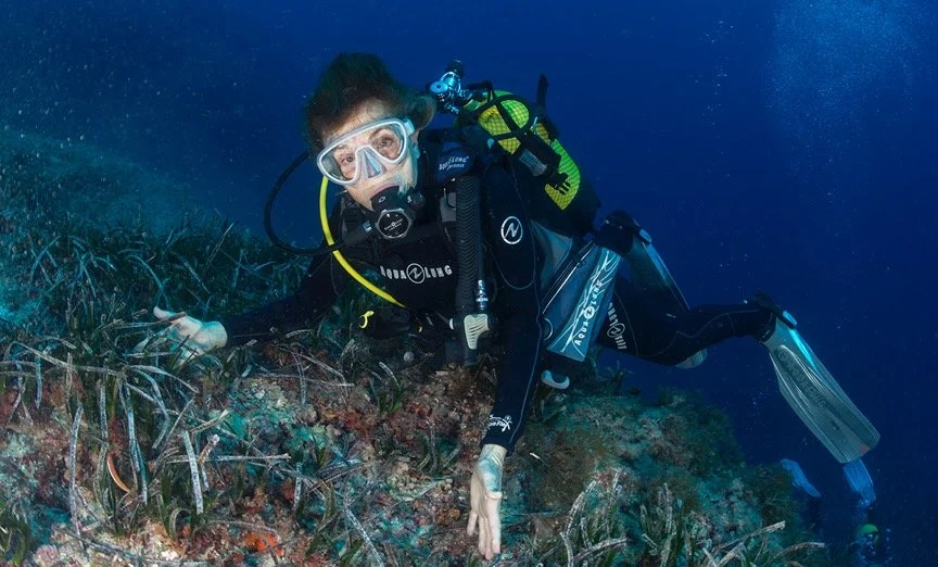 Mission Blue Founder Dr. Sylvia Earle diving in a vibrant coral reef, representing the "Hope Spots" initiative to protect endangered marine life.
