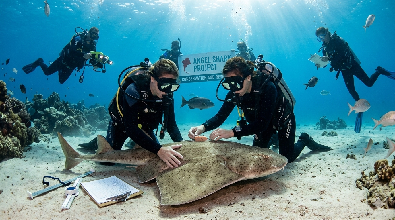 Two scuba divers kneeling on the sandy ocean floor to tag an angel shark, while other divers and fish swim in the background.