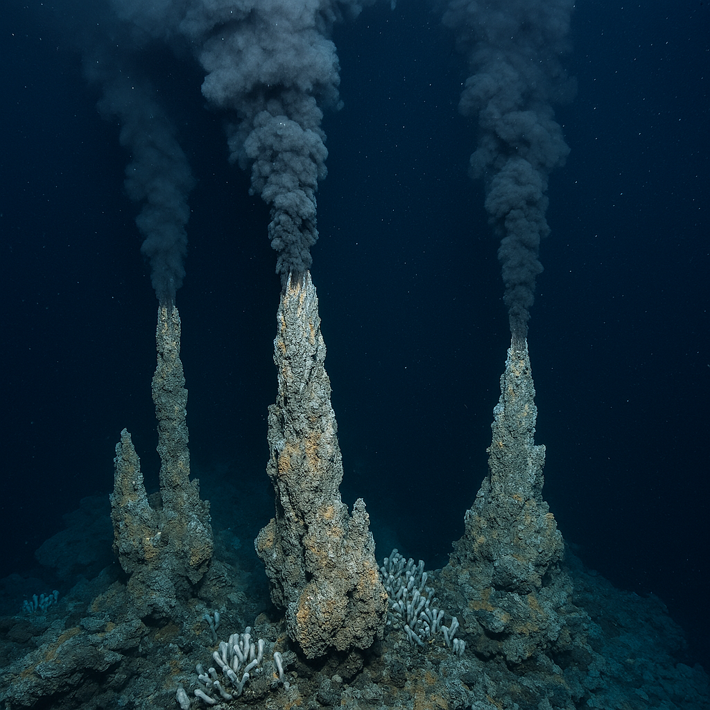 underwater hydrothermal vents emitting dark mineral-rich plumes on the ocean floor, surrounded by tube-like marine organisms adapted to chemosynthesis in extreme deep-sea conditions.