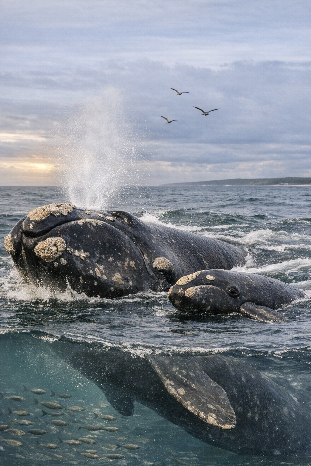 An adult North Atlantic right whale swims closely beside her small calf in clear bue water.