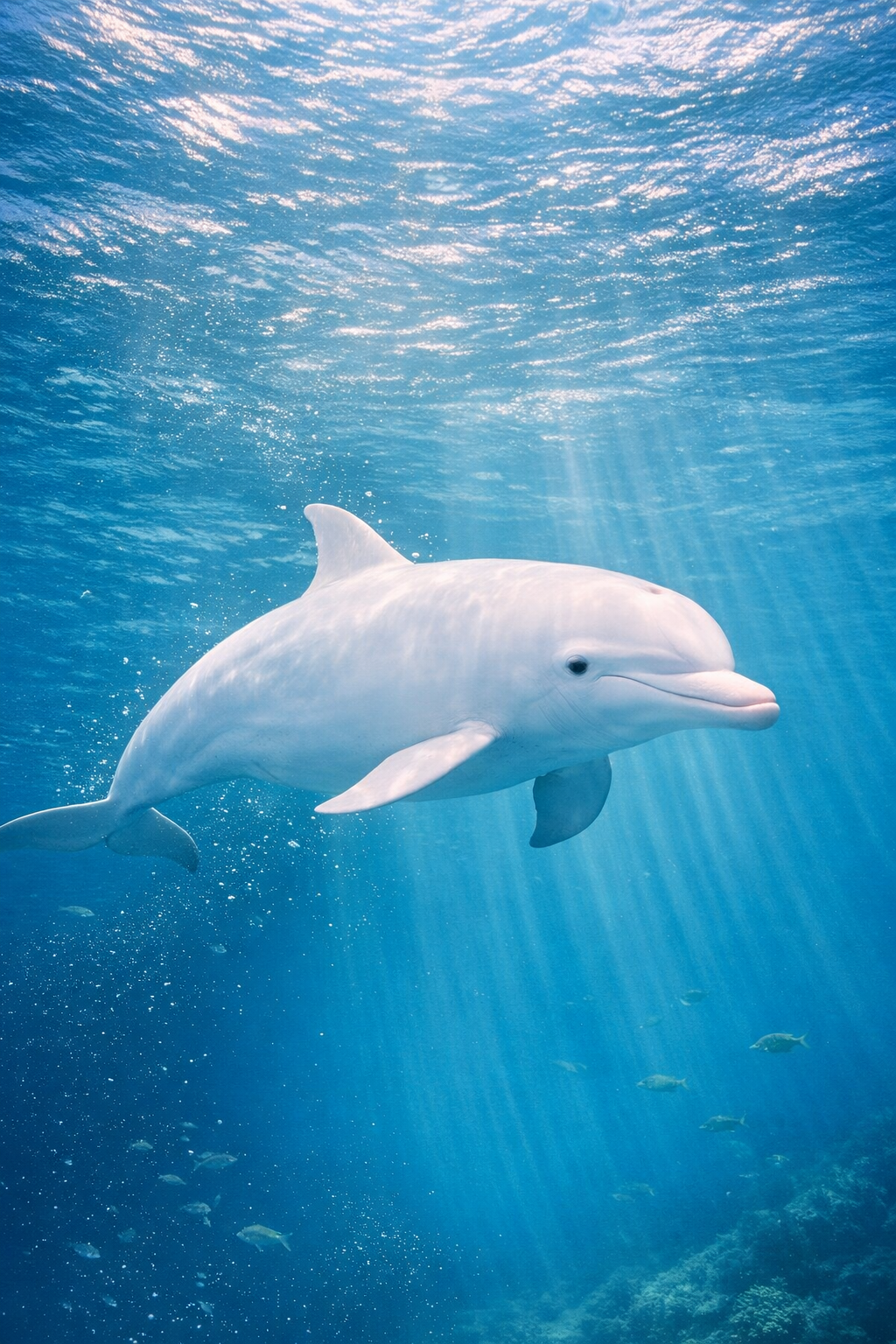 A rare white dolphin glides through clear blue ocean water, illuminated by sunlight filtering from above.