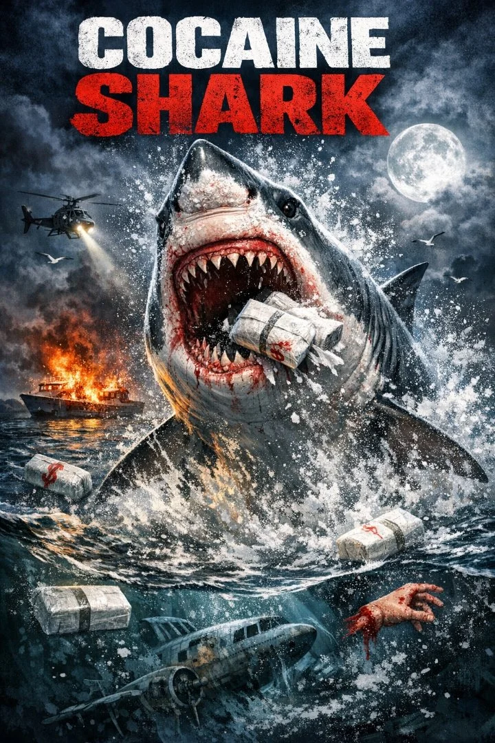 Cocaine shark bursting out of the ocean